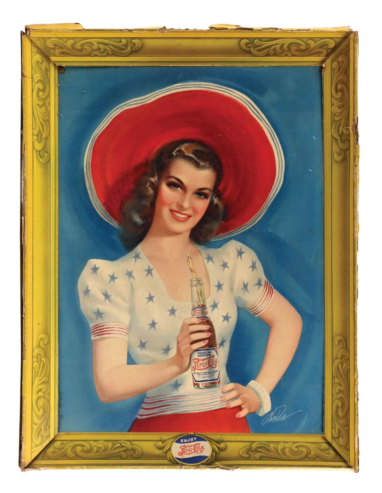 PEPSI-COLA USA THEMED WOMEN SELF FRAMED CARDBOARD LITHOGRAPH SIGN (1 of 2)
