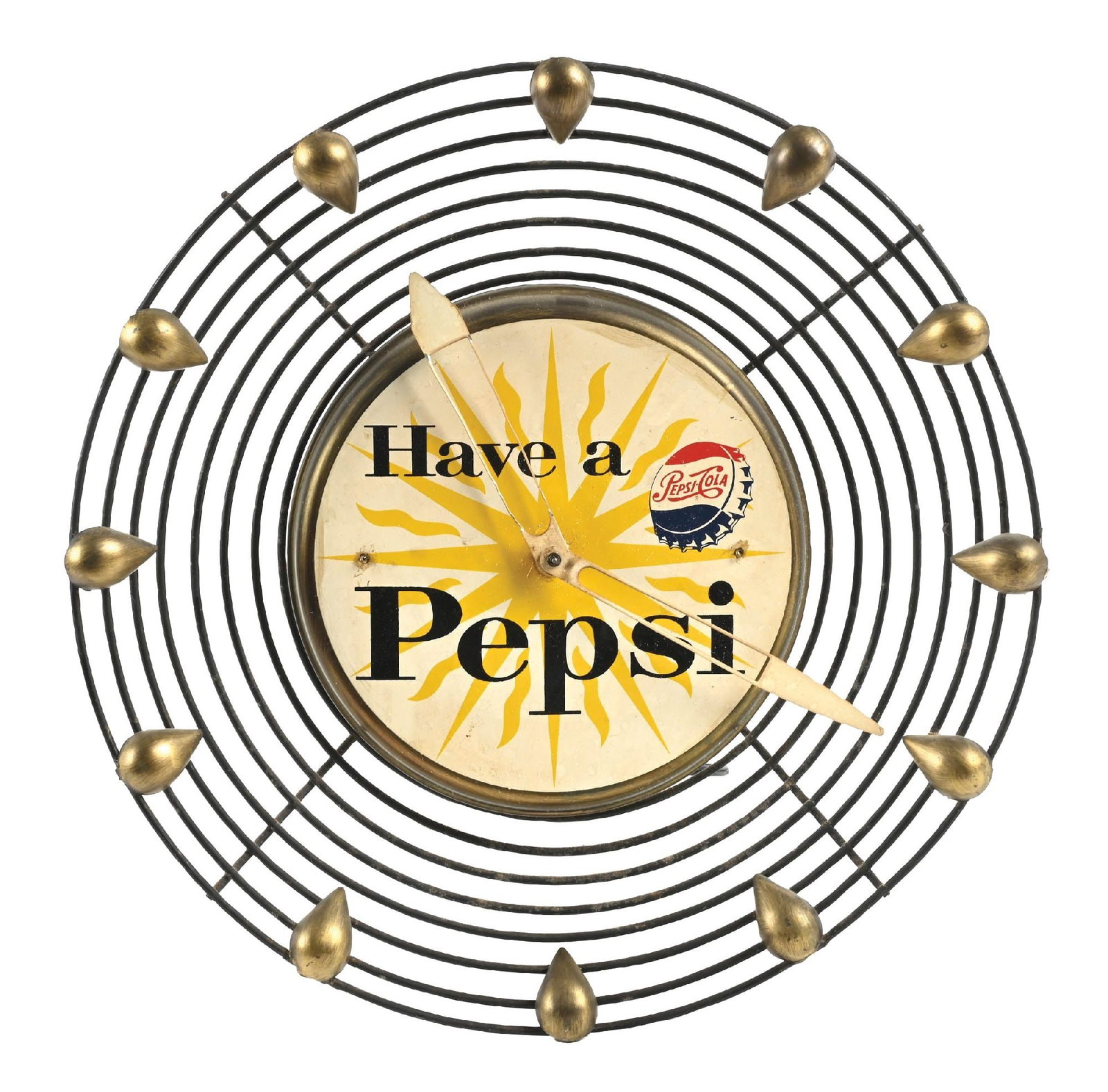 HAVE A PEPSI ART DECO CLOCK: CONDITION: Moderate wear overall, with areas of missing paint, some scuffs and scrapes, with original hands, original dial, and original cord. Condition: (8.5). Dimensions: 17" Dia.