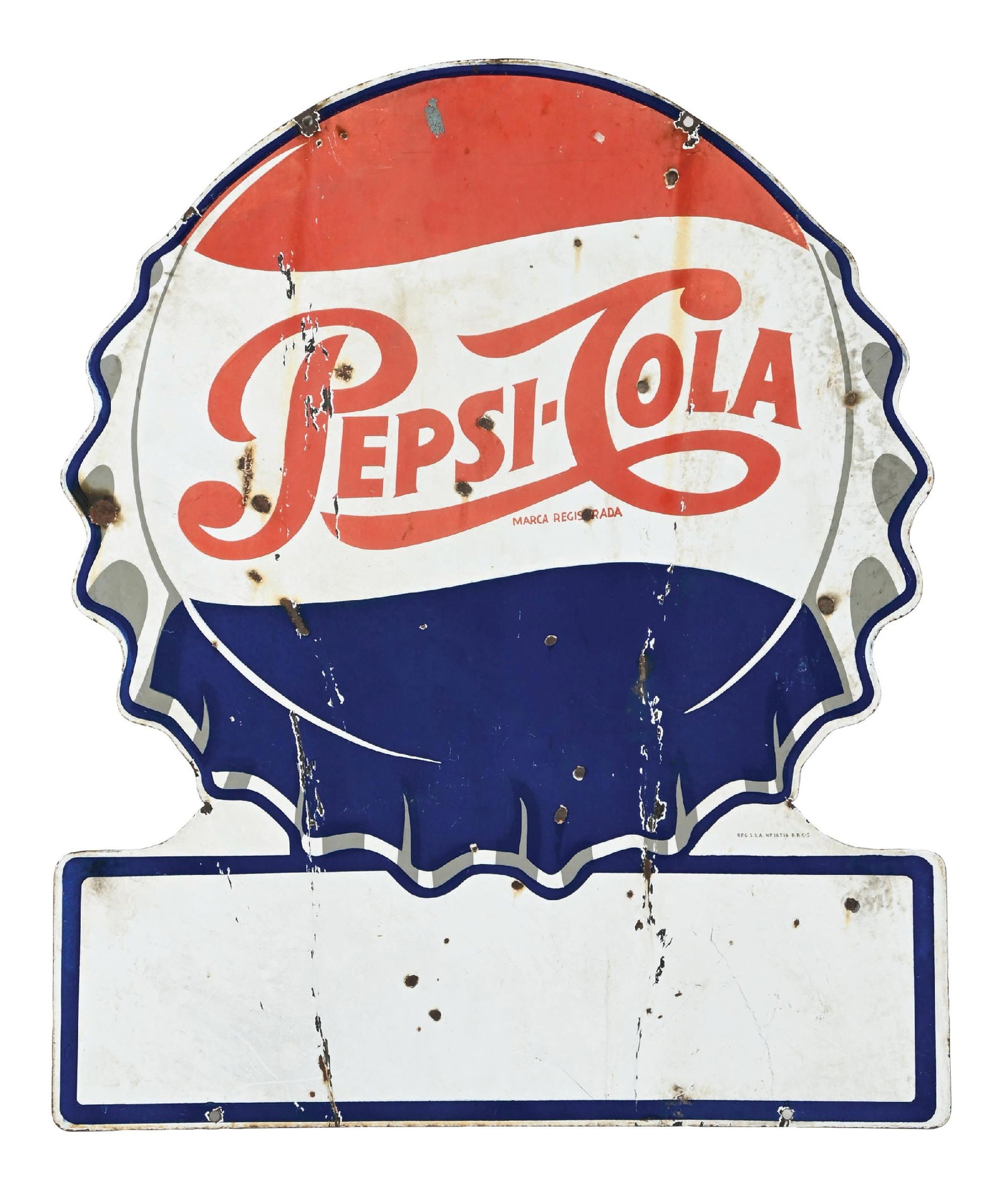 PEPSI-COLA BOTTLE CAP KEYHOLE PORCELAIN SIGN: DSP. CONDITION: Each side showing good color and gloss with moderate to heavy chipping as well as areas of staining and general wear. Should improve with cleaning. Condition: (7.0). Dimensions: 35 -