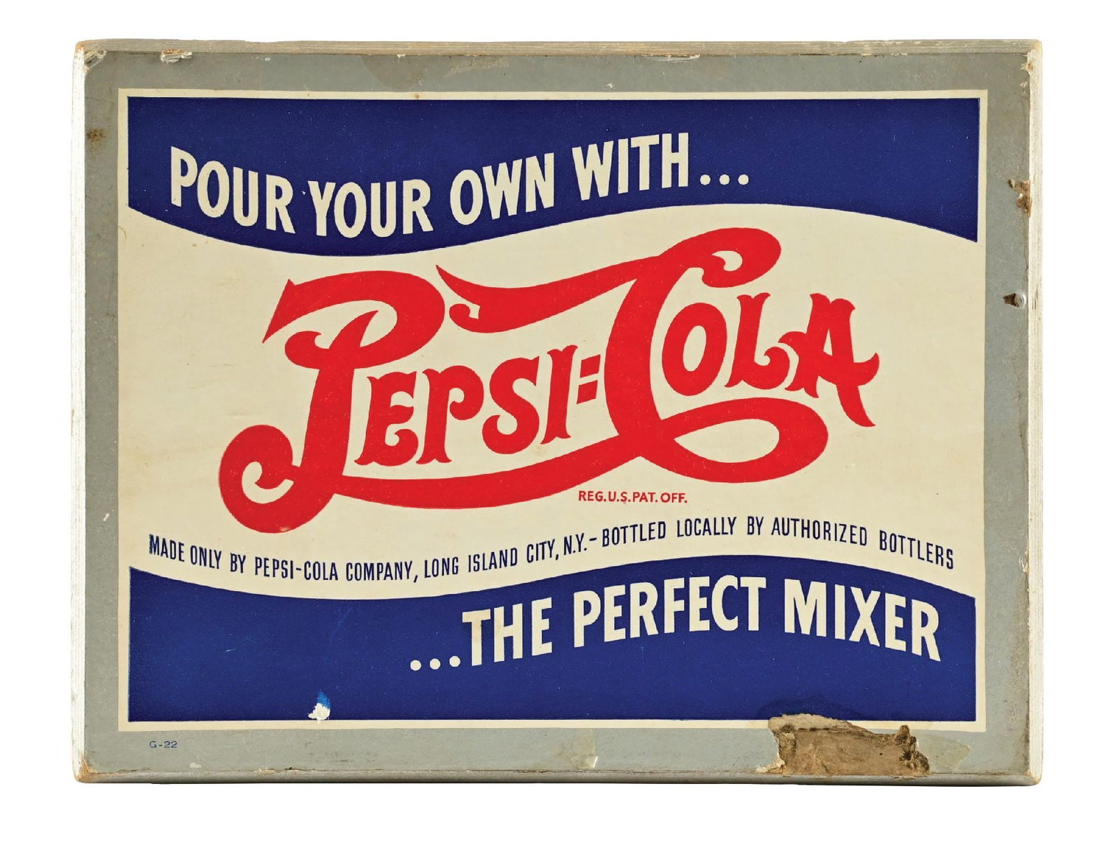 PEPSI-COLA "POUR YOUR OWN WITH...THE PERFECT MIXER" CARDBOARD EASEL BACK SIGN: C. 1940s 1950s. Single-Sided Cardstock Sign with Easel Back, composite-like. From the Long Island, New York Pepsi Bottler. Maker Marked Art Poster Co., N.Y. Difficult to find sign. Same campaign