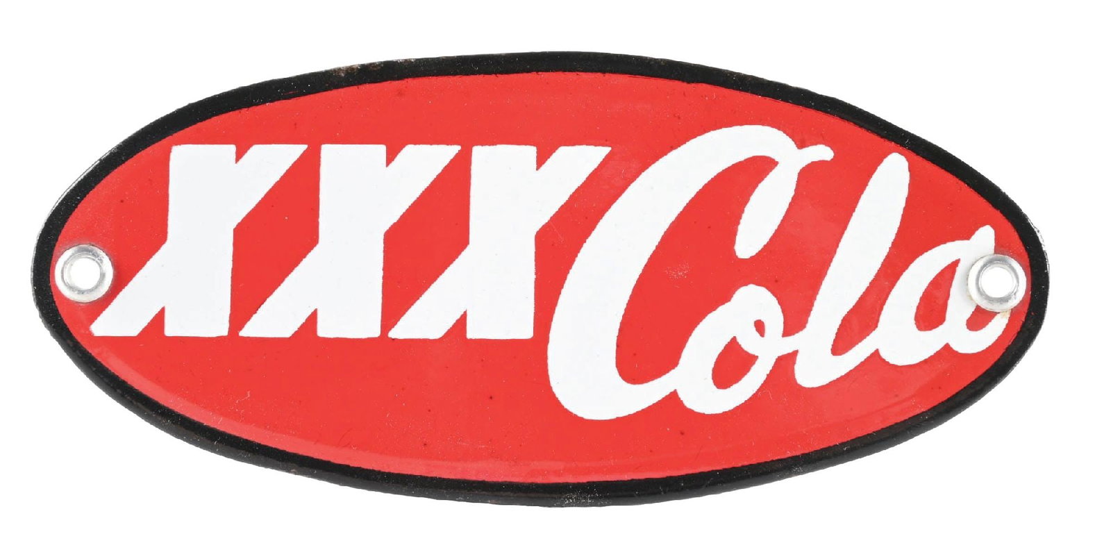 RARE N.O.S. XXX COLA PORCELAIN SIGN: SSP. A very rare c. 1930s New Old Stock Porcelain Sign for Triple XXX Cola showing unique red, black and white Porcelain with unique script. A Galveston, Texas brand with prohibition ties to Anheuser