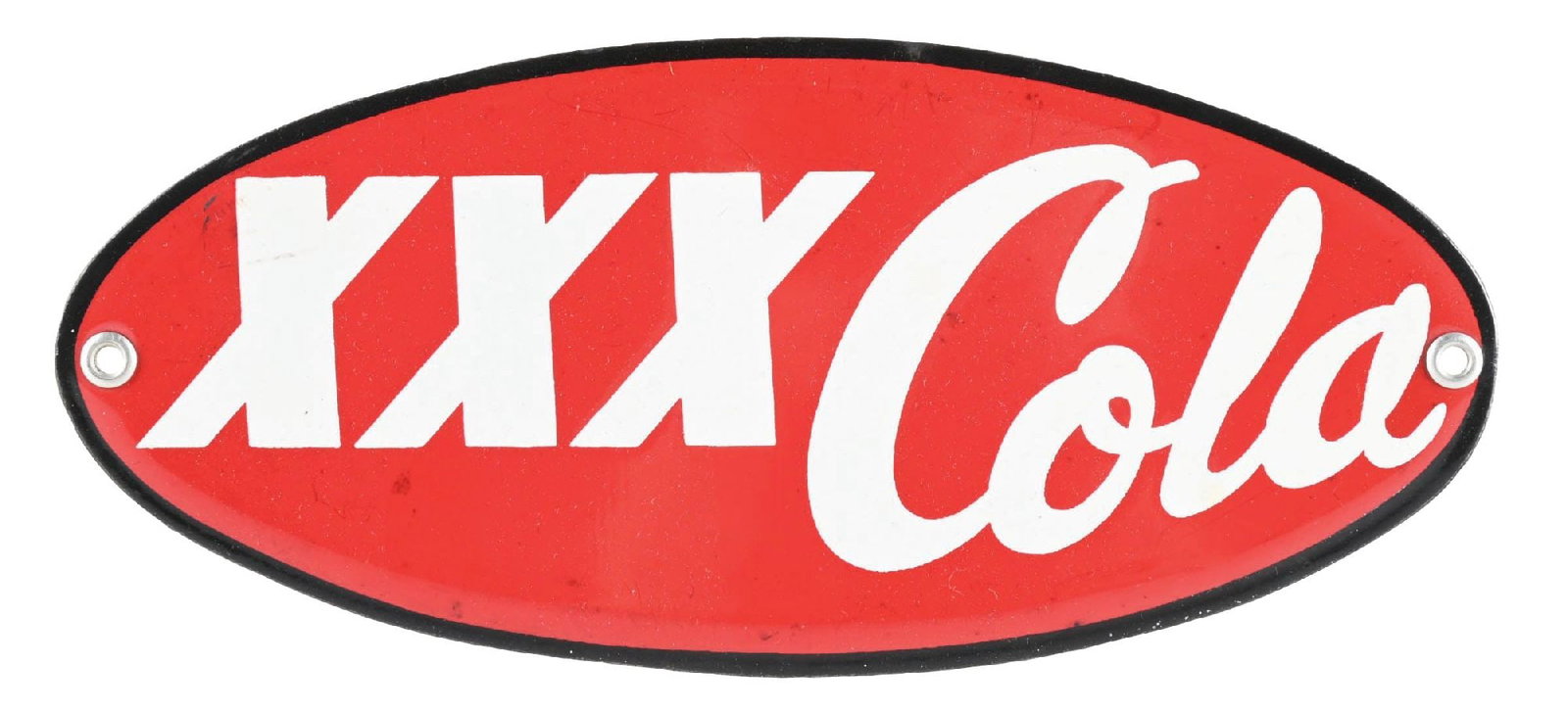 RARE N.O.S. TRIPLE XXX COLA PORCELAIN SIGN: SSP. A very rare c. 1930s New Old Stock Porcelain Sign for Triple XXX Cola showing unique red, black and white Porcelain with unique script. A Galveston, Texas brand with prohibition ties to Anheuser