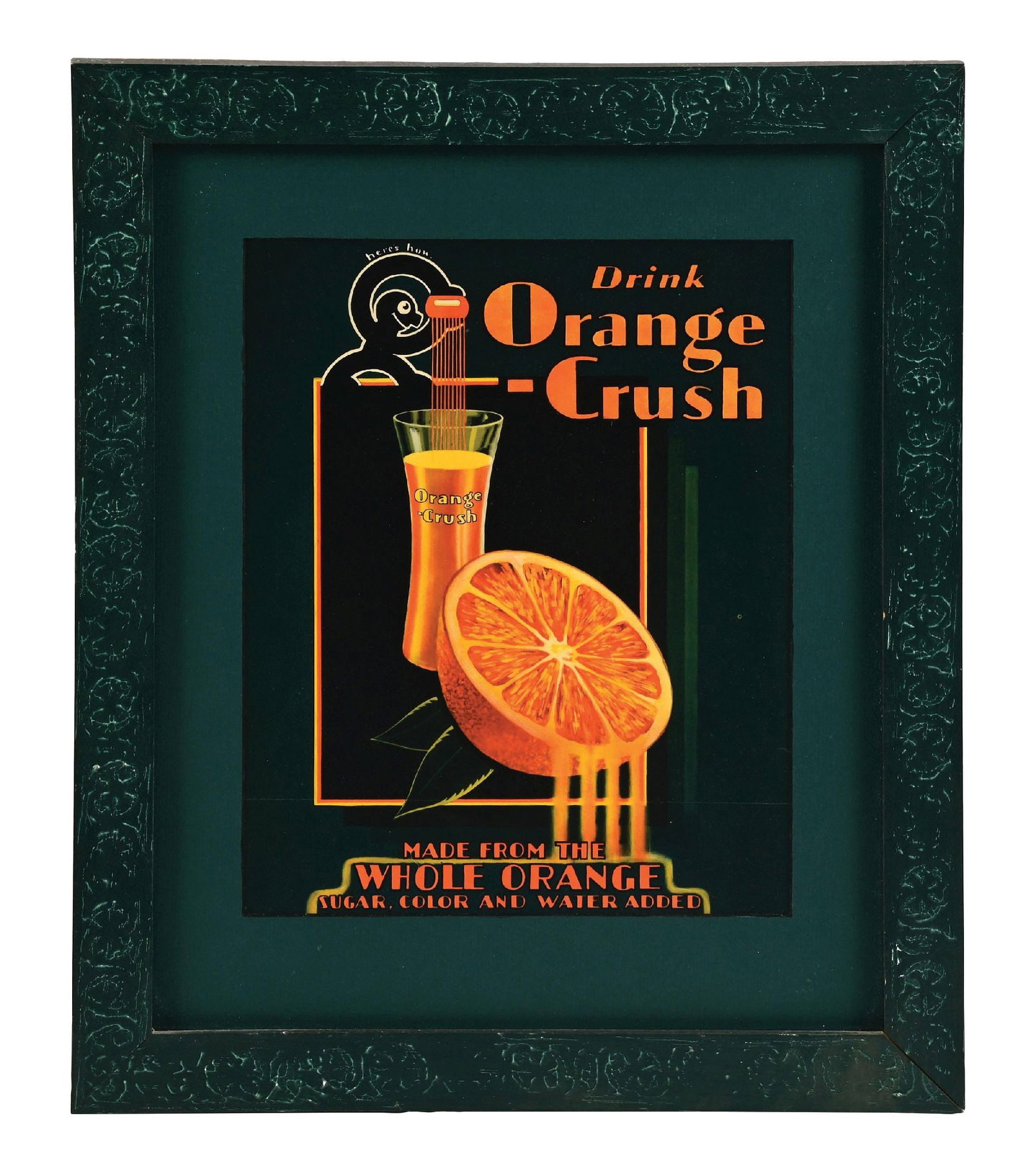DRINK ORANGE-CRUSH SIGN W/ CRUSHY GRAPHIC: This c. 1930s single-sided cardboard sign from Orange Crush features nice art deco motifs and the desirable Crushy graphic. CONDITION: The piece remains clean throughout the field. The outer edges