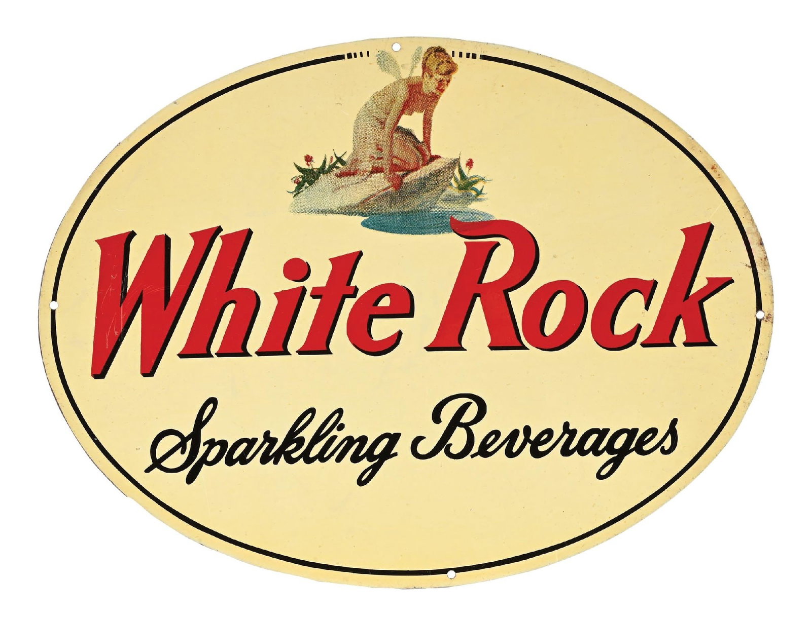WHITE ROCK SPARKLING BEVERAGES DOUBLE SIDED TIN SIGN: DST. Unusual Tin Sign from White Rock Beverages. CONDITION: Side one showing excellent color and gloss, with minor areas of surface scratching as well as some paint wear along the outer edges. Side tw