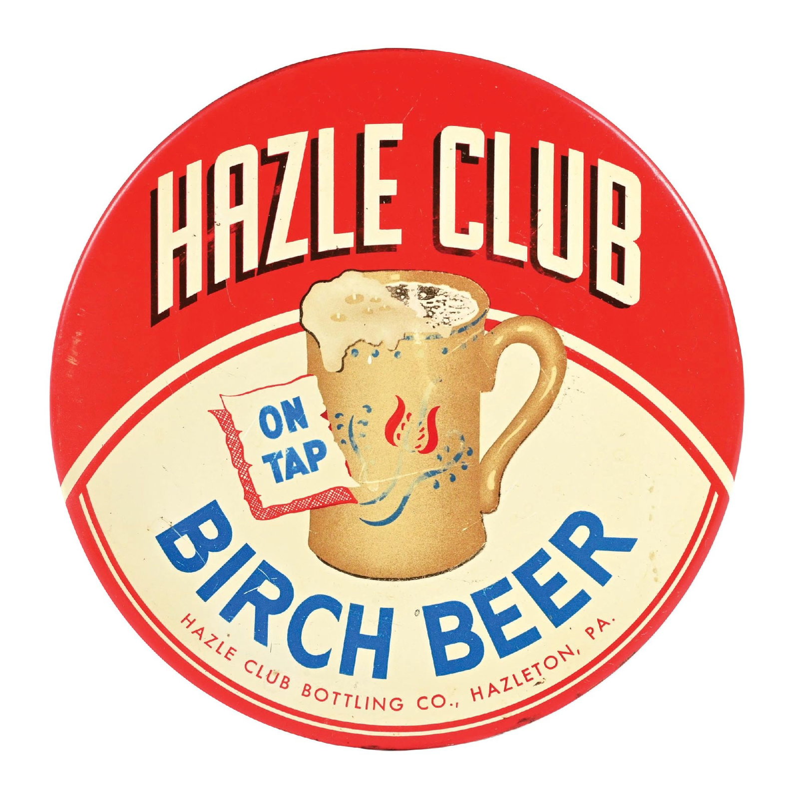 HAZLE CLUB BIRCH BEER TIN OVER CARDBOARD SIGN: SST. CONDITION: Good color and gloss throughout with minor areas of surface scratching as well as some minor discoloration in the graphic. Light wear along the outer edge. Cardboard backing in good