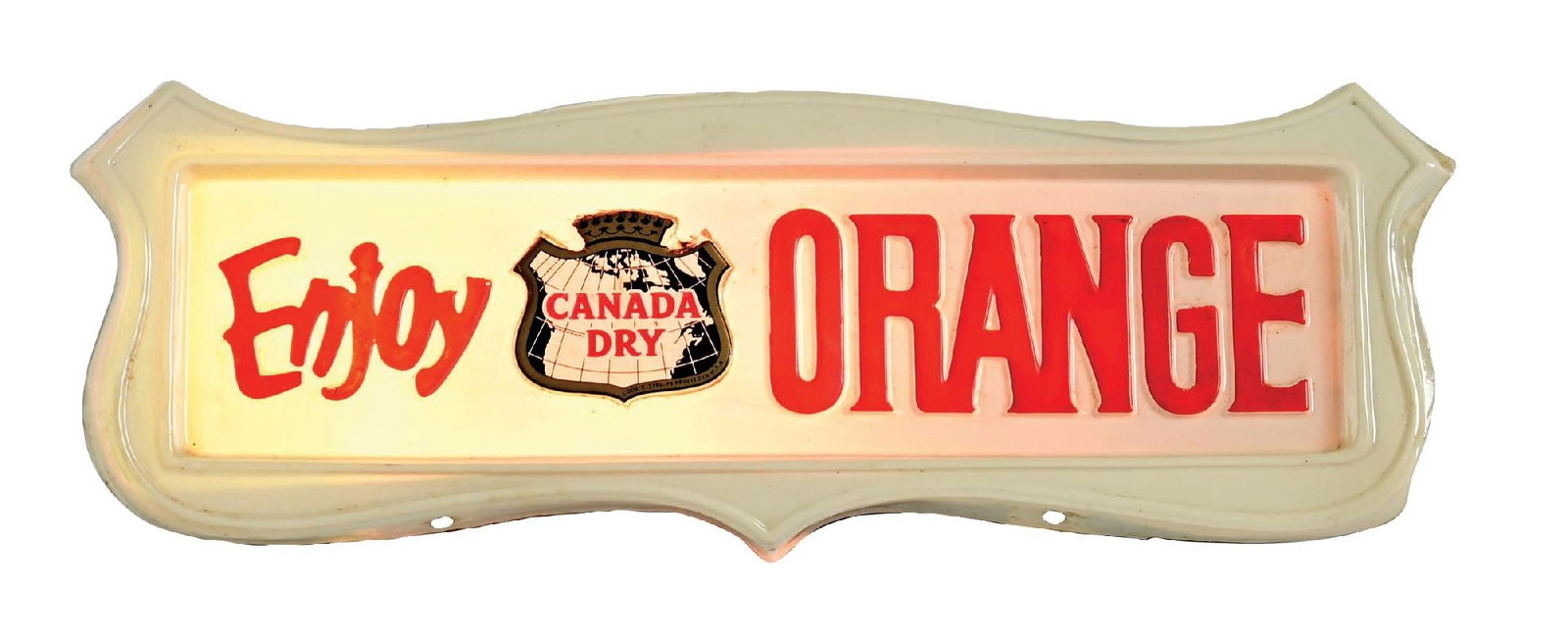 ENJOY CANADA DRY ORANGE VACCUFORM ADVERTISING LIGHT-UP SIGN: Single-Sided Vacuum-formed Plastic Face on original plastic can. CONDITION: Original throughout showing general age wear with very good color remaining in the advertising face. Showing original