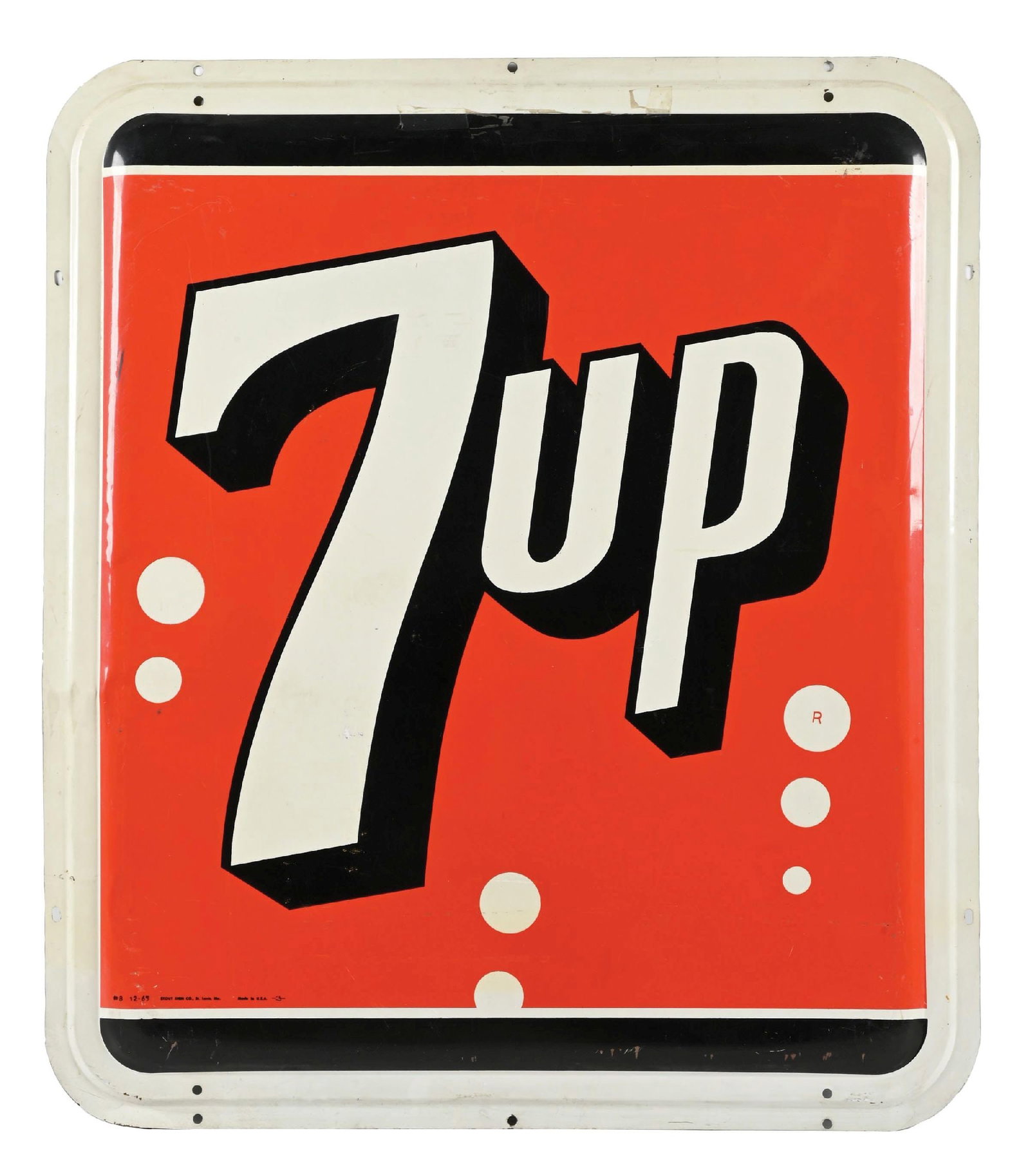 7UP EMBOSSED TIN SIGN: SST. Marked Stout Sign Co., Dated 1965. CONDITION: Very good color and gloss, showing minor surface scratches in the field as well as shallow denting. Light denting and scratches along the outer edges