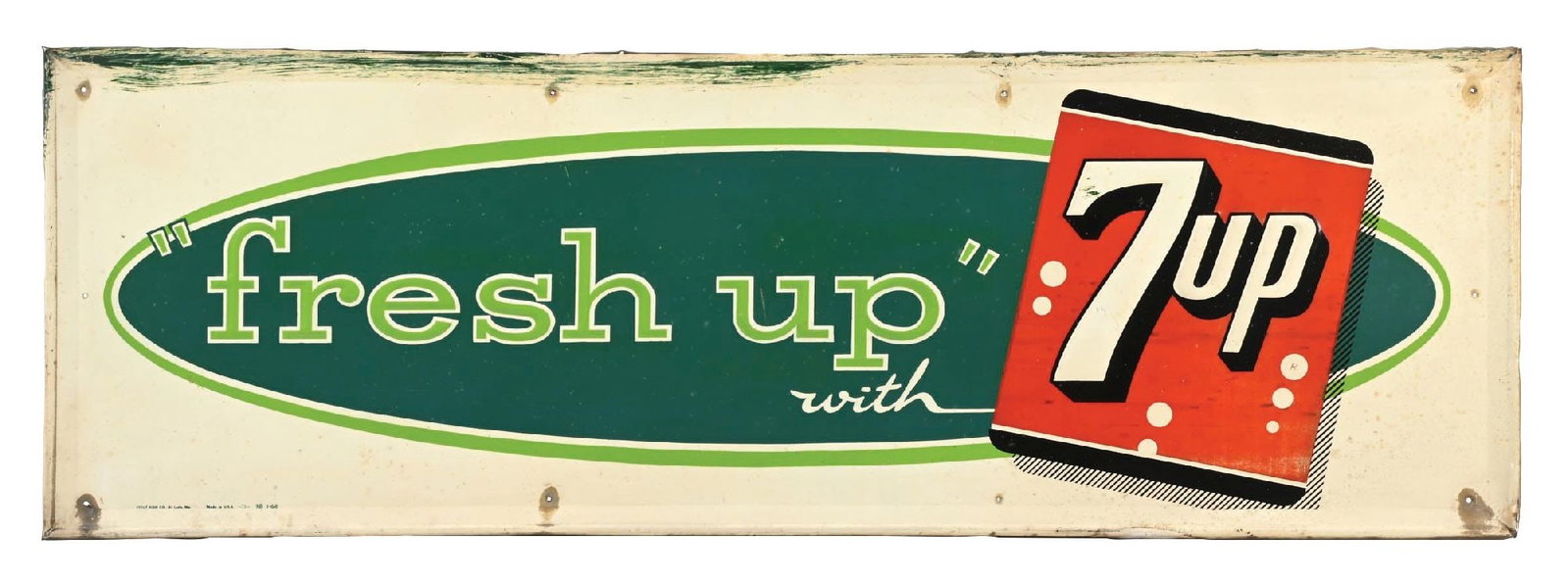 FRESH UP WITH 7UP EMBOSSED TIN SIGN: SST. Maker marked Stout Sign Co., Dated 1960. CONDITION: Showing good color and gloss with general areas of surface scratching and paint wear in the field. Moderate wear at the mounting holes with
