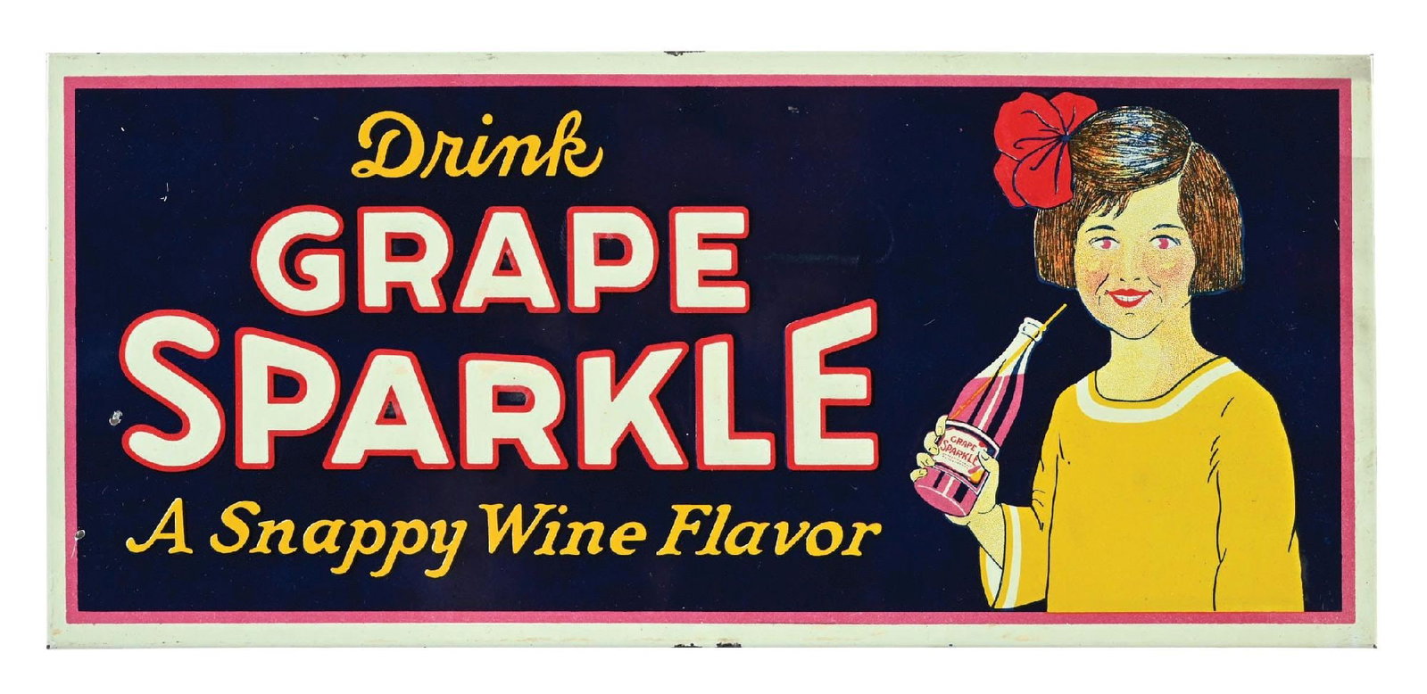 DRINK GRAPE SPARKLE A SNAPPY WINE FLAVOR TIN OVER CARDBOARD SIGN: SST. Maker marked Crown Cork and Seal. CONDITION: Excellent color and gloss throughout, showing minor areas of light surface wear in the fields with an excellent condition graphic. Minor paint wear