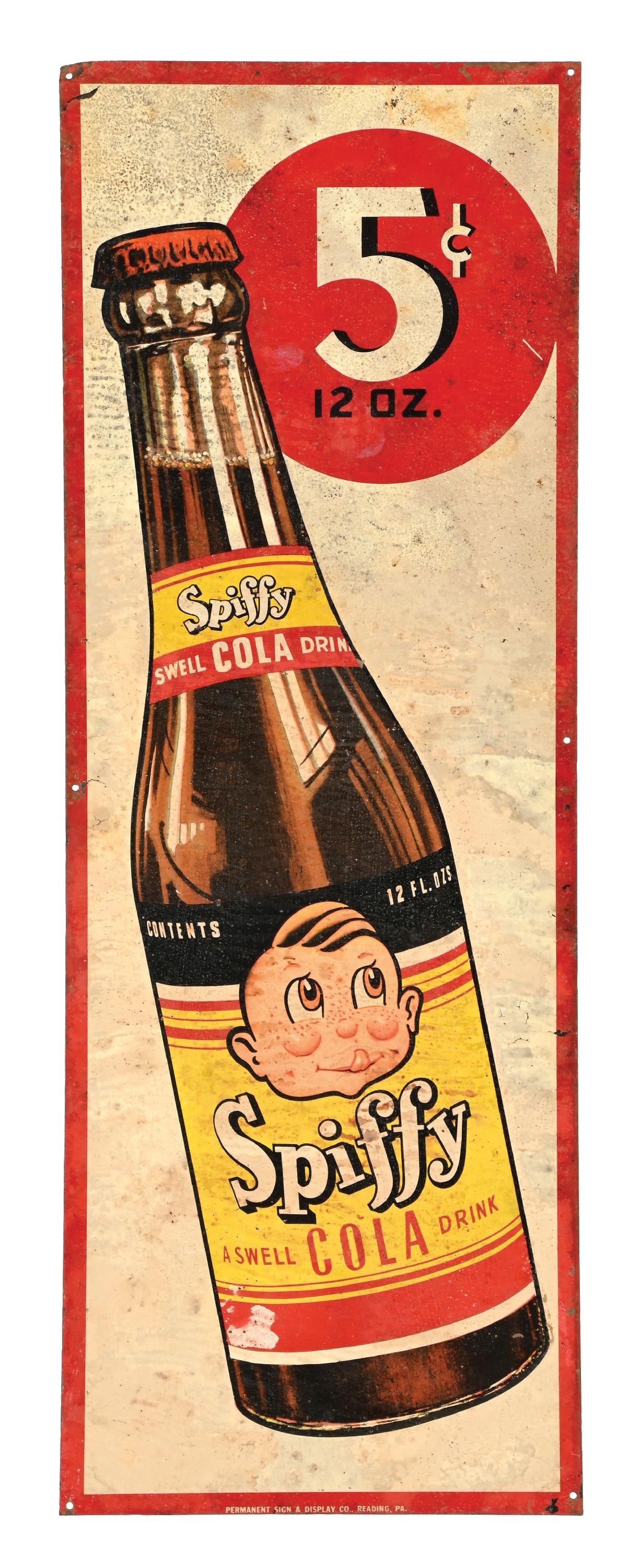 SPIFFY COLA EMBOSSED TIN SIGN: SST. Maker marked Permanent Sign and Display Co., Reading, PA. CONDITION: Moderate to heavy paint wear throughout from paper storage damage, found n.o.s. Very good color with wear to the gloss. Light 