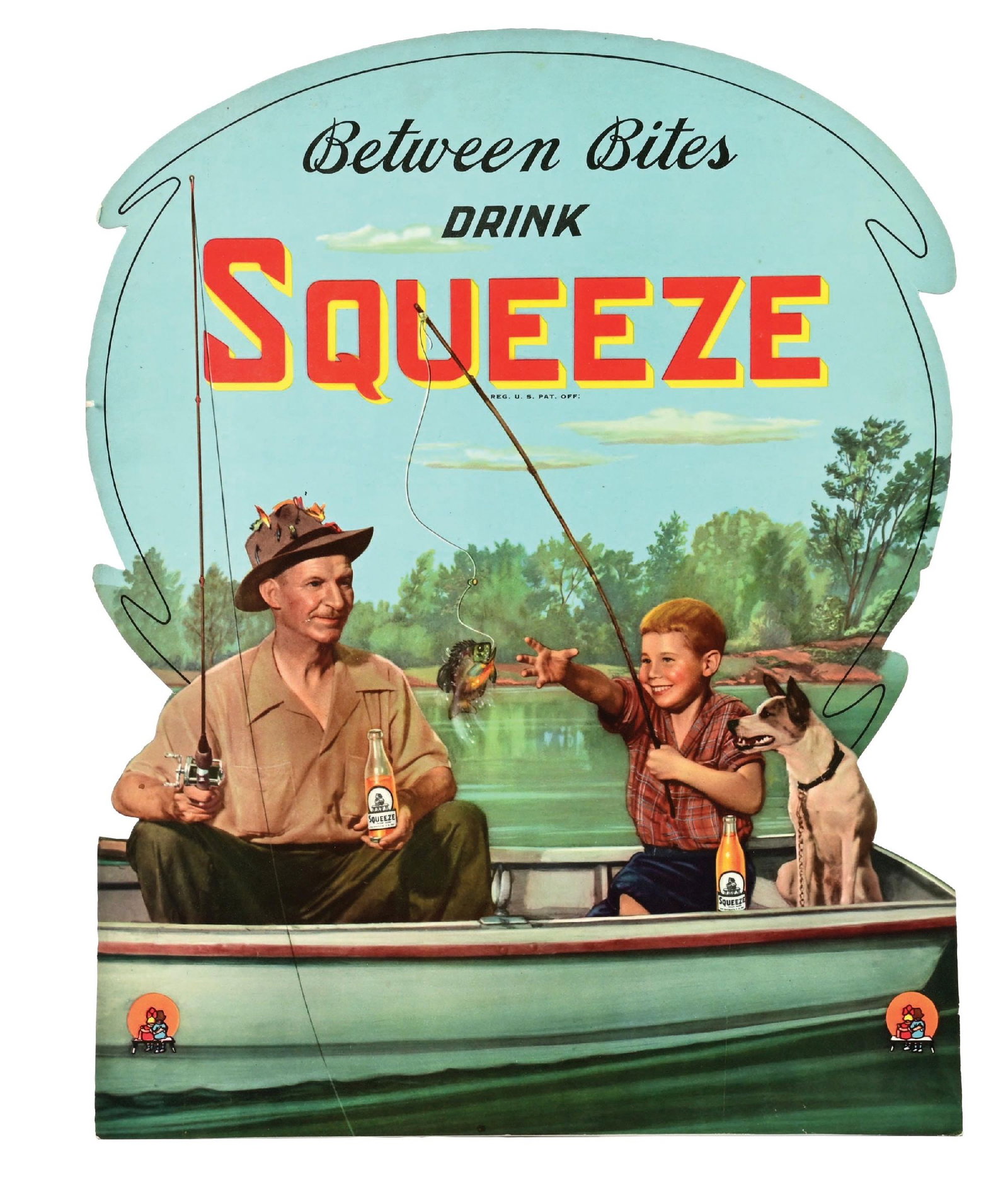 BETWEEN BITES DRINK SQUEEZE CARDBOARD EASEL BACK ADVERTISING SIGN: Single-Sided Cardboard Store Display showing Easel Back. CONDITION: Excellent color throughout showing minor areas of light surface wear from storage. Outer edges show some minor softening but overall