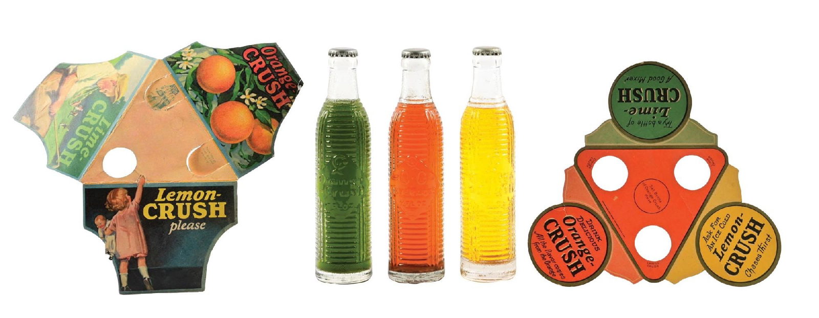LIME, LEMON & ORANGE CRUSH SODA BOTTLES W/ ORIGINAL CARDSTOCK BOTTLE DISPLAYS (1 of 2)