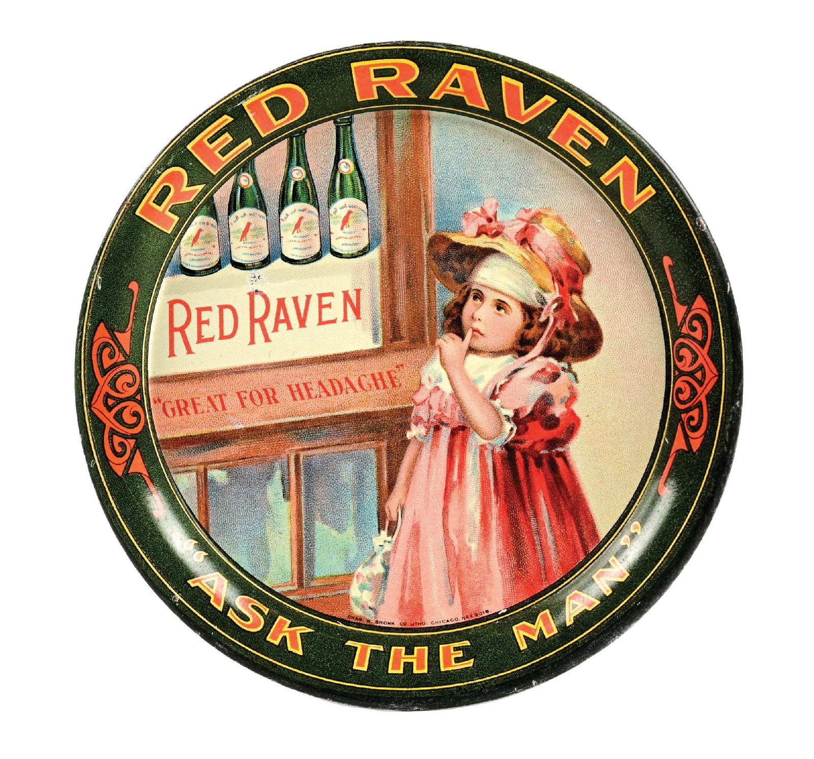 RED RAVEN "ASK THE MAN" TIN-LITHO ADVERTISING TRAY: SST. Maker Marked Shonk Litho, Chicago. C. 1920s. CONDITION: Excellent color and gloss, showing no notable field wear. Rim is in excellent condition showing light wear along the far outer edges. A bri