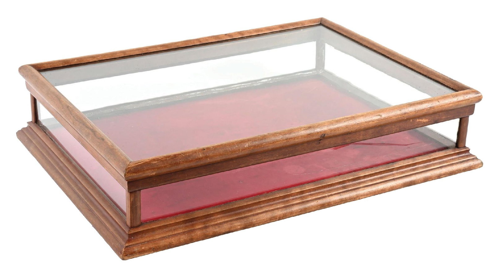 OAK & GLASS COUNTERTOP DISPLAY CABINET W/ VELVET LINING: C. 1920s. CONDITION: Excellent aged oak body, showing a great age and patina throughout, with no notable damage. Light use wear to the surface but overall excellent throughout. Glass is intact on all 