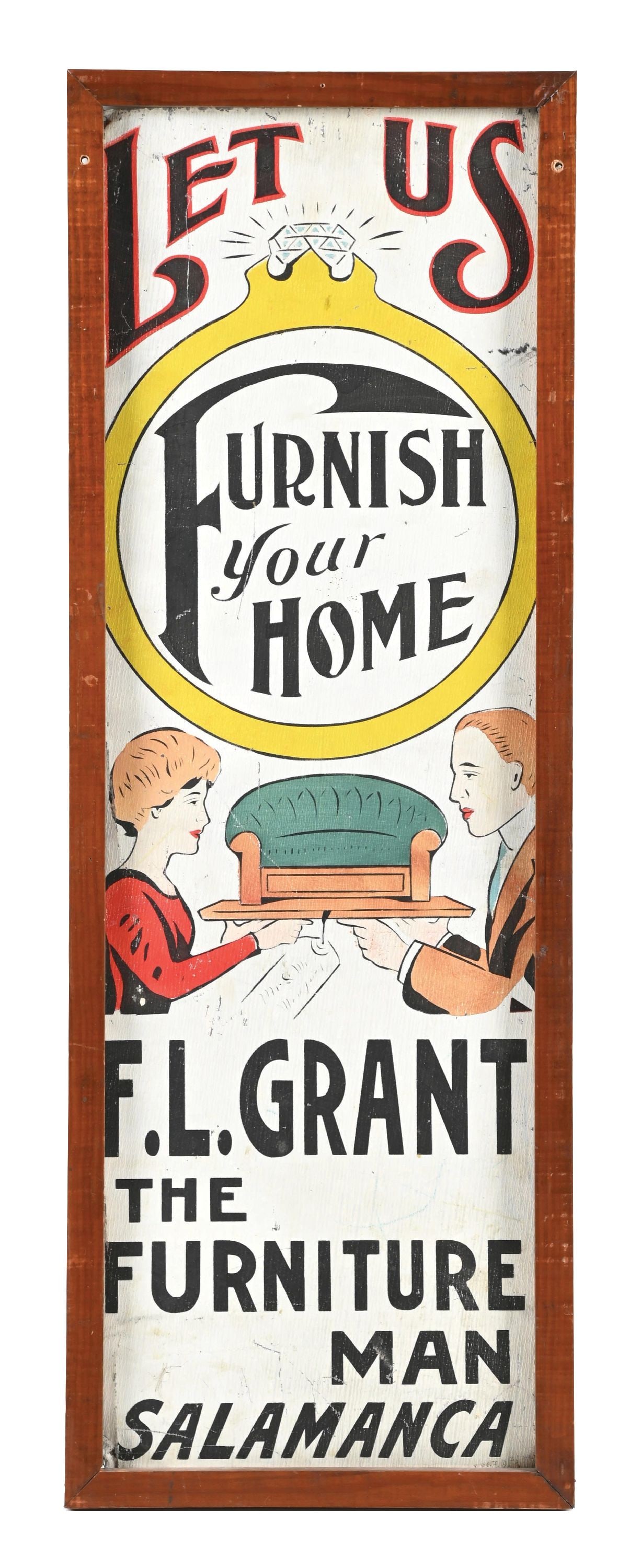 LET US "FURNISH YOUR HOME" F.L. GRANT THE FURNITURE MAN SALAMANCA PAINTED TIN ITHACA SIGN (1 of 2)