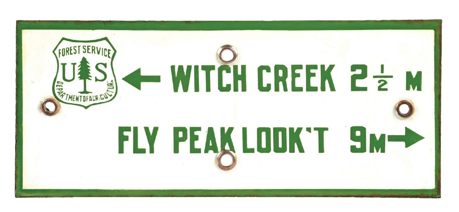 FOREST SERVICE PORCELAIN DIRECTIONAL SIGN: SSP C. 1930s. CONDITION: Sign shows excellent color with fair gloss, showing some areas of toning to the white porcelain. Mounting holes in excellent condition showing all of their original grommets. 