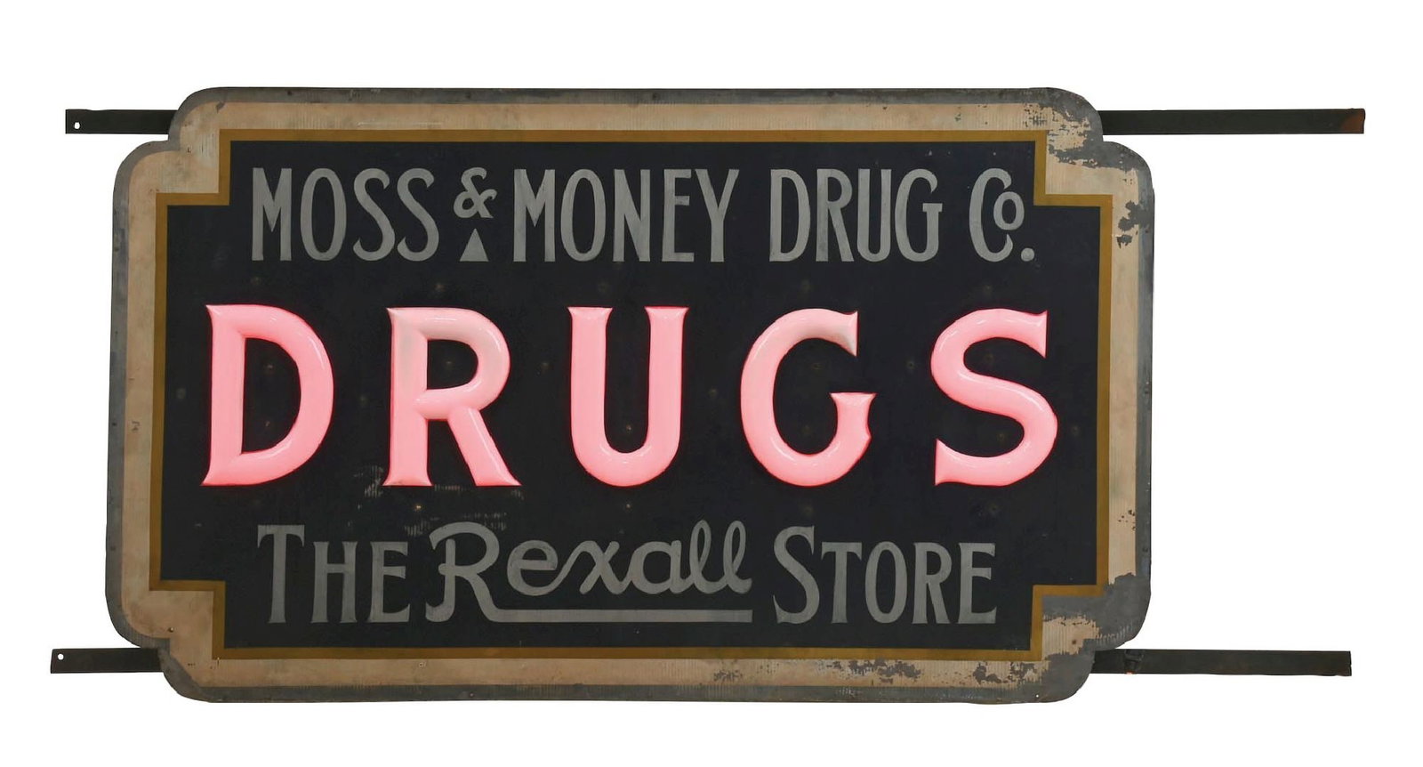 RARE MOSS & MONEY DRUGS RIPPLE LIGHT-UP TIN & MILK GLASS COMPLETE SIGN (1 of 6)