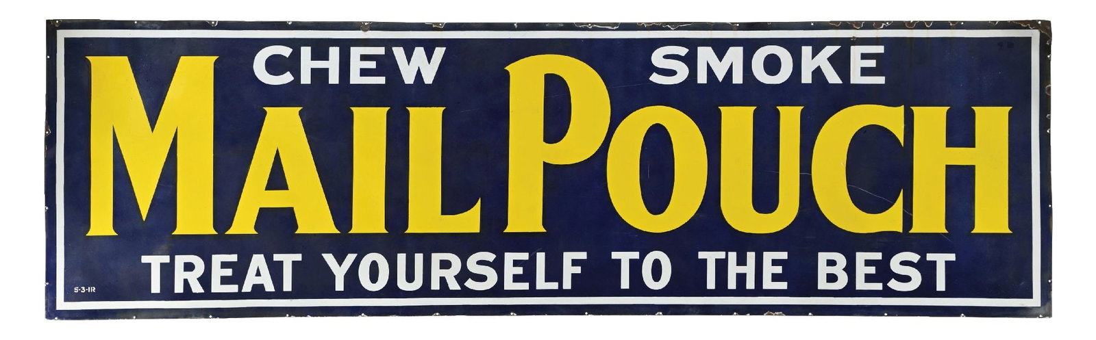LARGE & IMPRESSIVE 10' CHEW & SMOKE MAIL POUCH TOBACCO PORCELAIN SIGN: SSP. Marked Ingram Richardson. CONDITION: Showing very good color and gloss with some minor areas of light surface scratching as well as some light cloudiness in the blue porcelain. Field is very clea