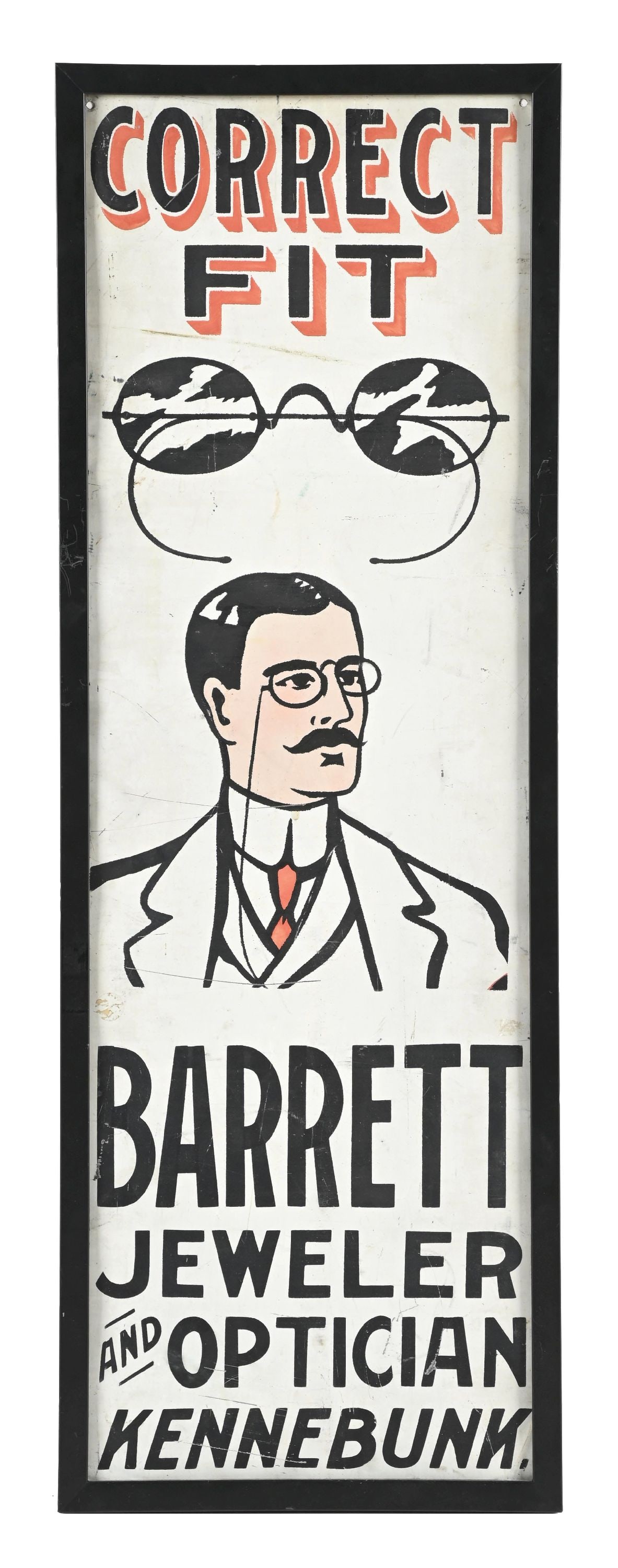 CORRECT FIT BARRETT JEWELER AND OPTICIAN KENNEBUNK PAINTED TIN ITHACA SIGN (1 of 2)