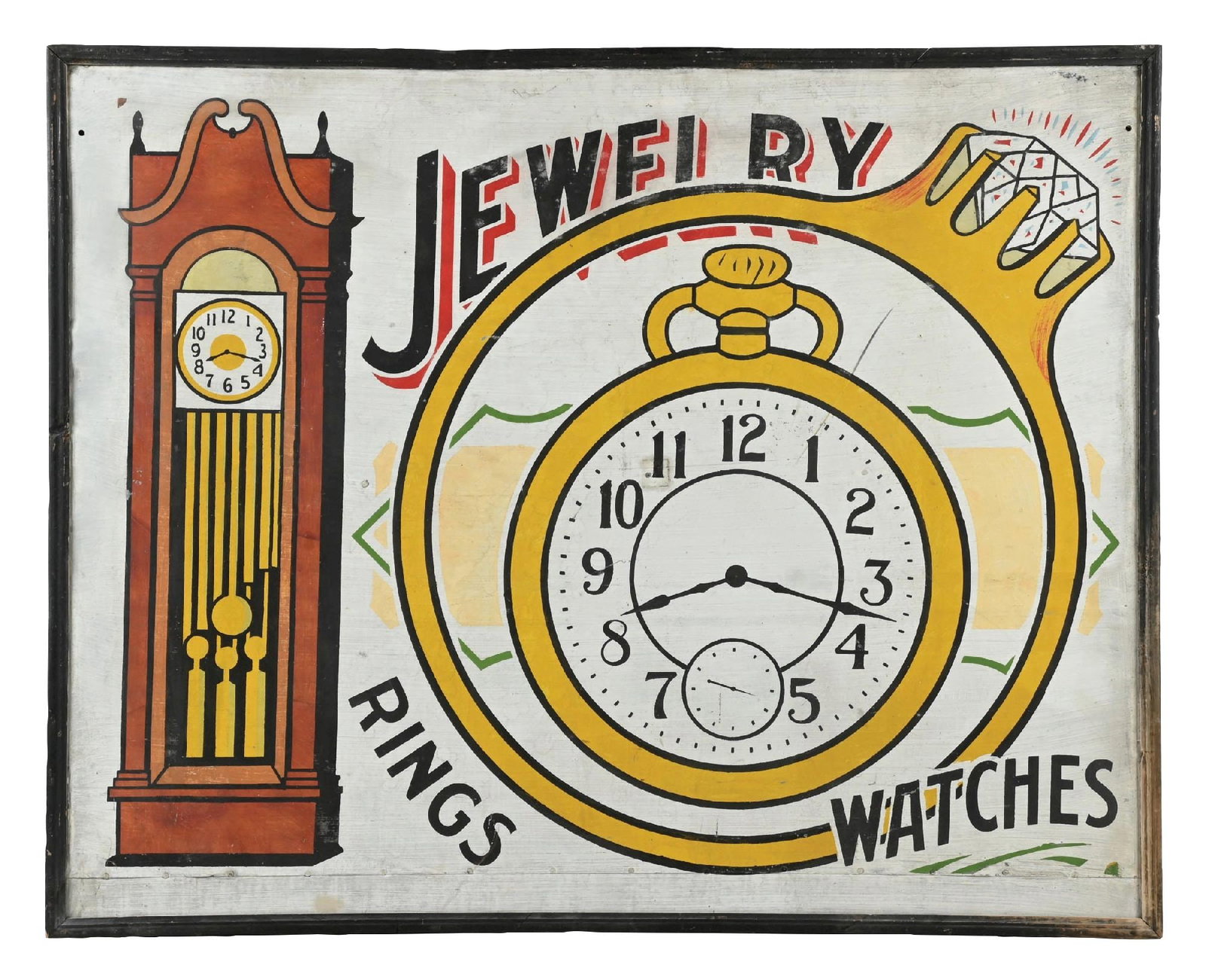 JEWELRY RINGS & WATCHES PAINTED TIN SIGN W/ ORIGINAL WOOD FRAME: SST. C. 1920s. CONDITION: Very good color throughout, most likely Ithaca made but unmarked. Minor areas of staining and surface scratching but presenting an excellent look with a great patina. Wooden 