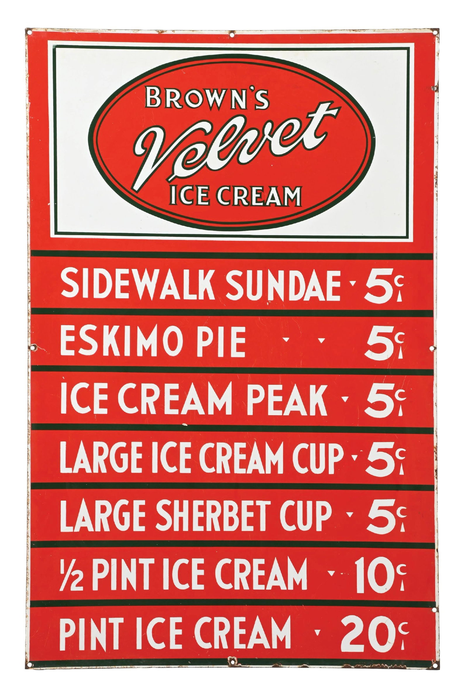 BROWN'S VELVET ICE CREAM DOUBLE-SIDED PORCELAIN MENU SIGN (1 of 2)