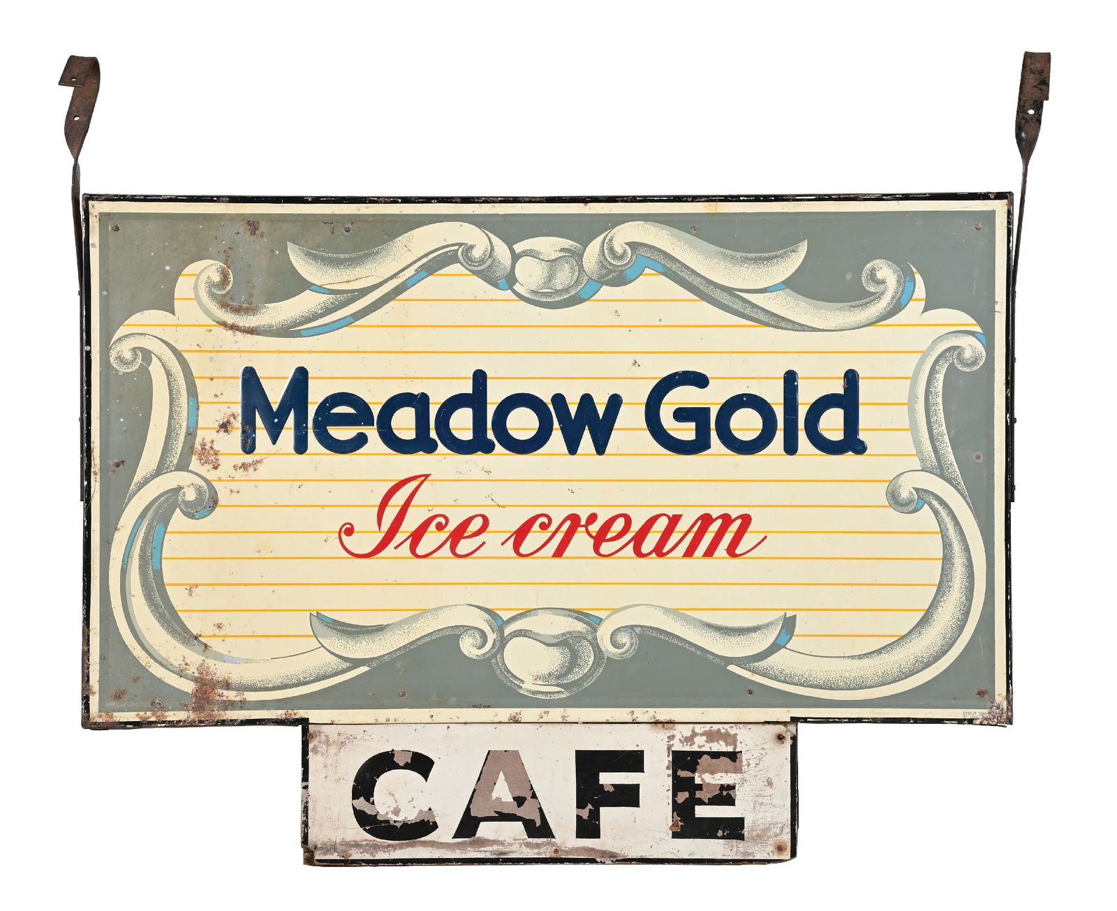 MEADOW GOLD ICE CREAM EMBOSSED TIN SIGN WITH METAL HANGERS (1 of 2)