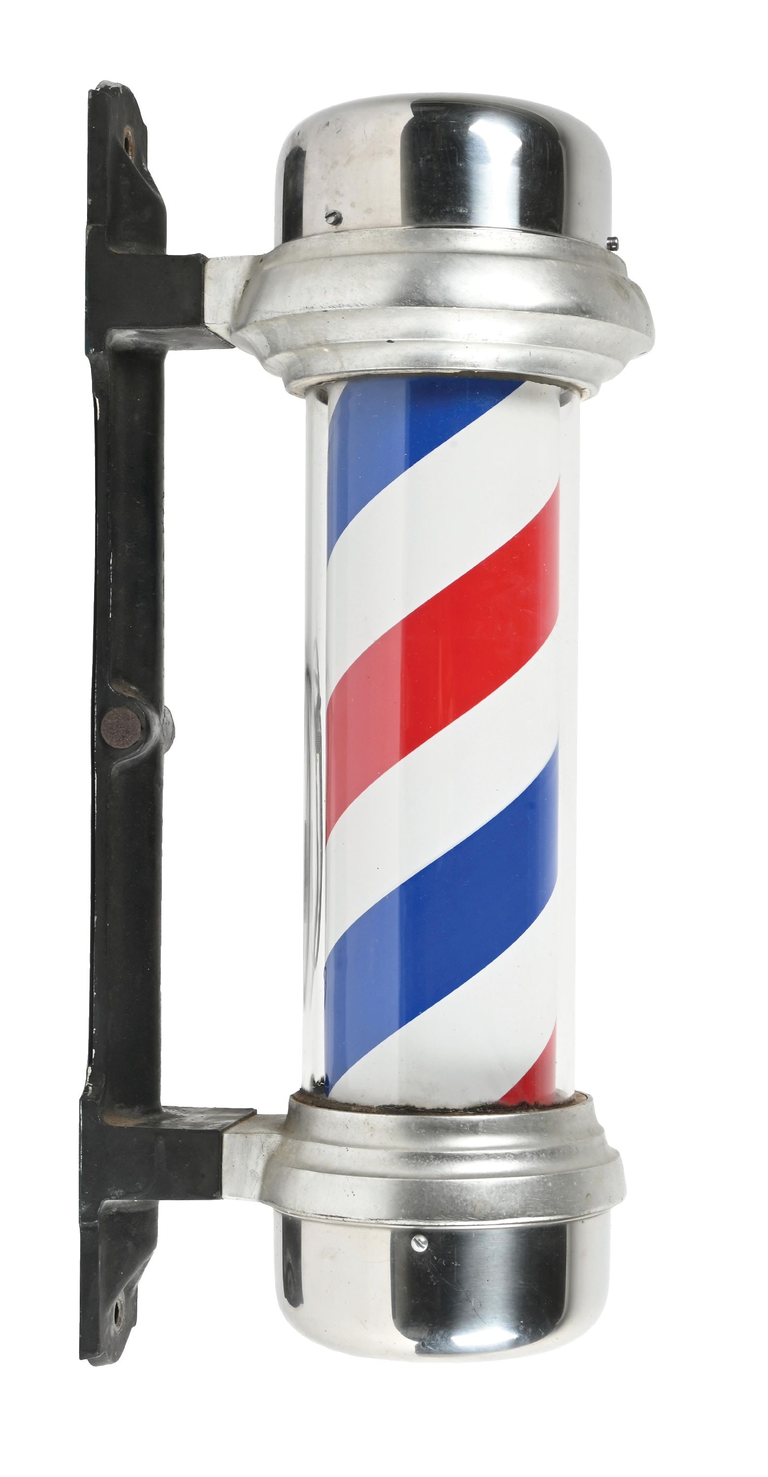 WALL MOUNT FIGURAL BARBER POLE TRADE SIGN: CONDITION: All original condition with cast iron bracket, nickel-plated top and bottom housing with original interior. Rotates and in light-up condition. This is not a standard shippable item and will