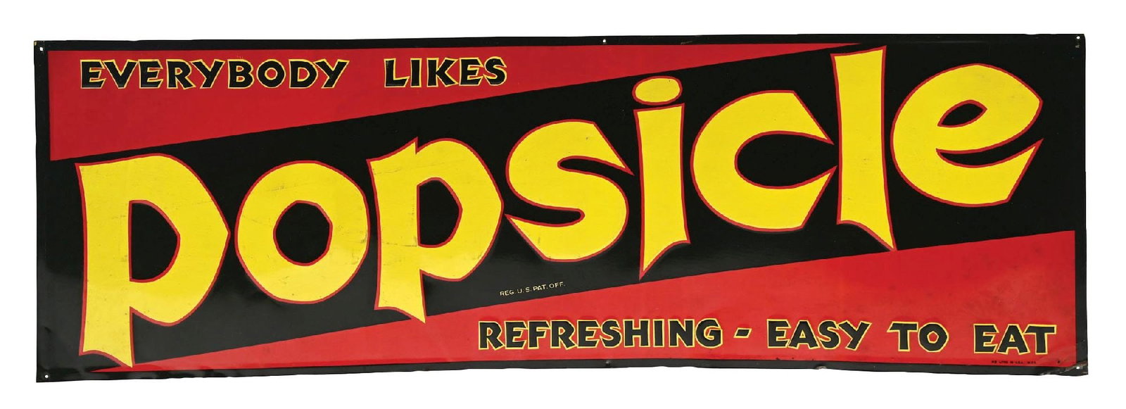 POPSICLE "REFRESHING - EASY TO EAT" SIGN: SST. Maker Marked "W.F.R.". A nice example of this single-sided tin sign from Popsicle featuring wonderful color throughout. CONDITION: There are spots of light discoloration seen in the yellow letter