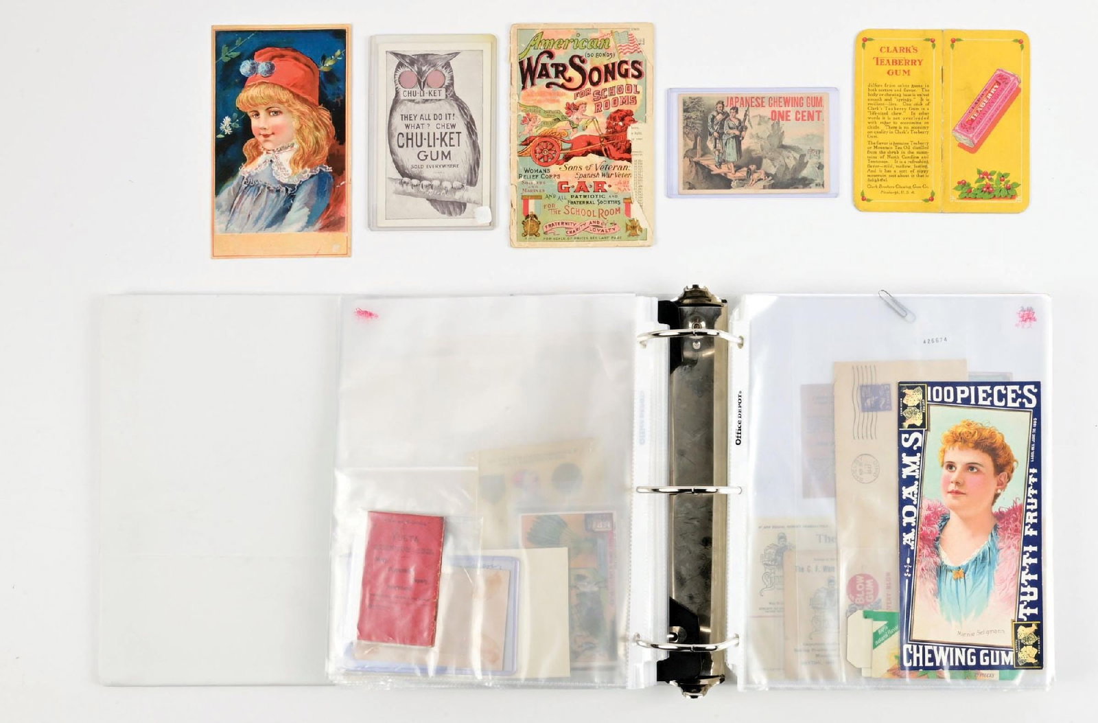 3-RING BINDER OF ASSORTED CHEWING GUM EPHEMERA: Three-ring binder consisting of trade cards, letterhead, envelopes, and general chewing gum advertising for various companies. Condition: (7.5 - 9.0). Dimensions: Binder: 12 - 1/4" x 11 - 1/2" x 3 - 1