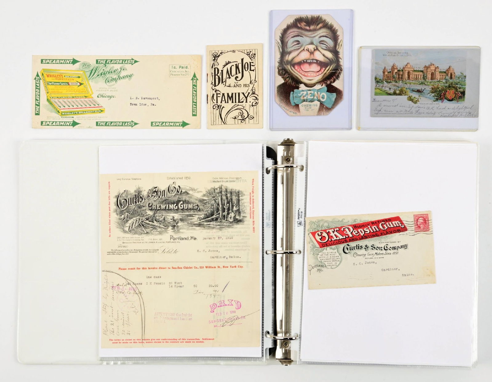 3-RING BINDER OF CHEWING GUM MEMORABILIA: Consisting of various brands of letterhead, trade cards, postcards, and assorted chewing gum ephemera. Condition: (7.0 - 9.0). Dimensions: Binder: 11 - 3/4" x 11" x 2 - 1/4".