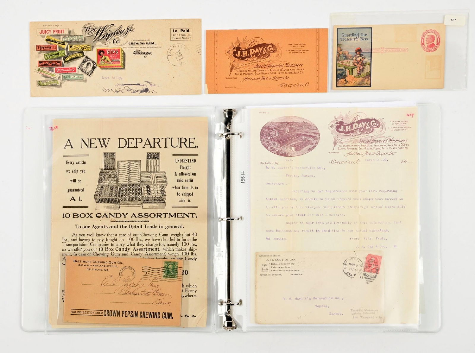 3-RING BINDER OF ASSORTED CHEWING GUM EPHEMERA: Three-ring binder containing chewing gum advertising in the form of letterhead, envelopes, trade cards, and assorted chewing gum ephemera from various companies. Condition: (7.5 - 9.0). Dimensions: Bi