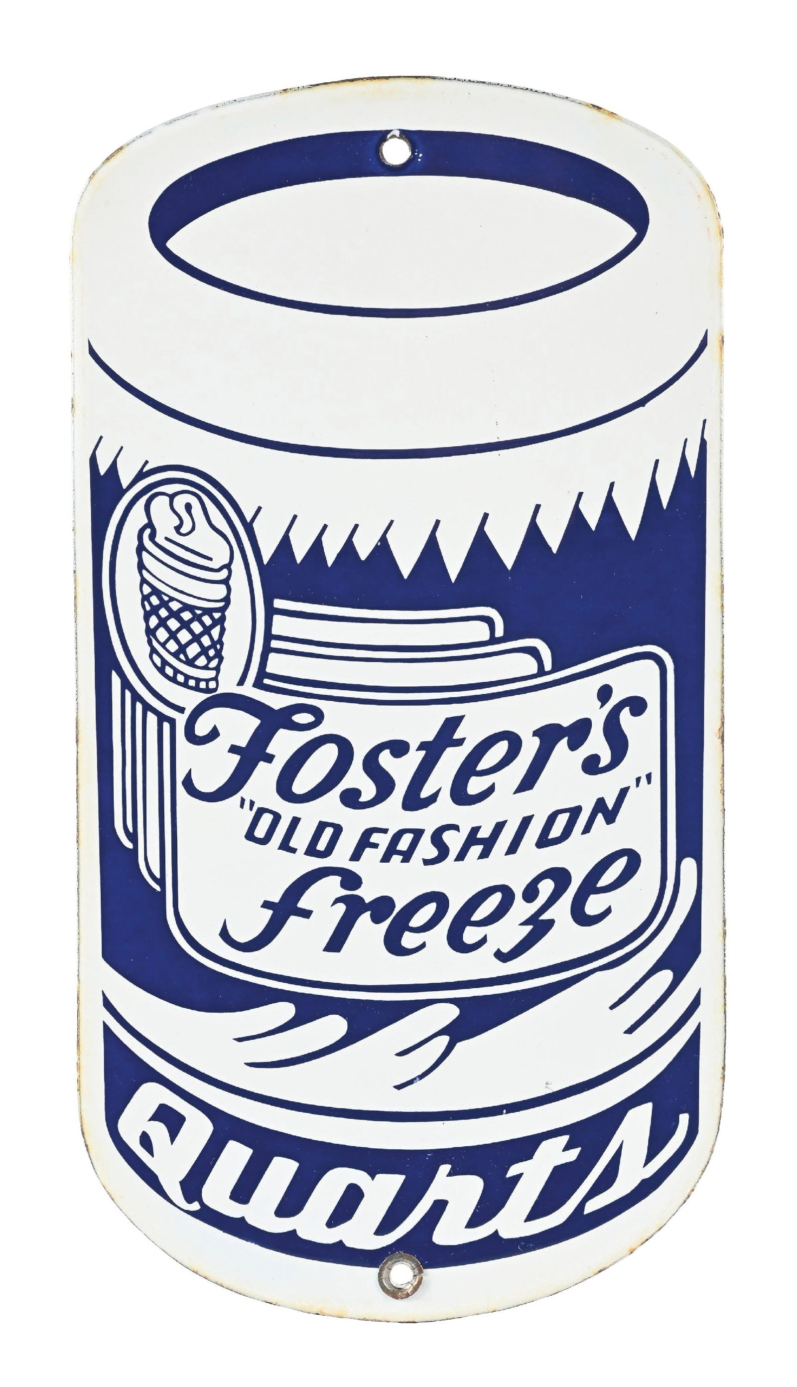 FOSTER'S "OLD FASHION" FREEZE QUARTS PORCELAIN SIGN: SSP. C. 1950s. CONDITION: Excellent color and shine, showing no notable field wear. Mounting holes in excellent condition with light wear, outer edges showing minor nicks and discoloration but