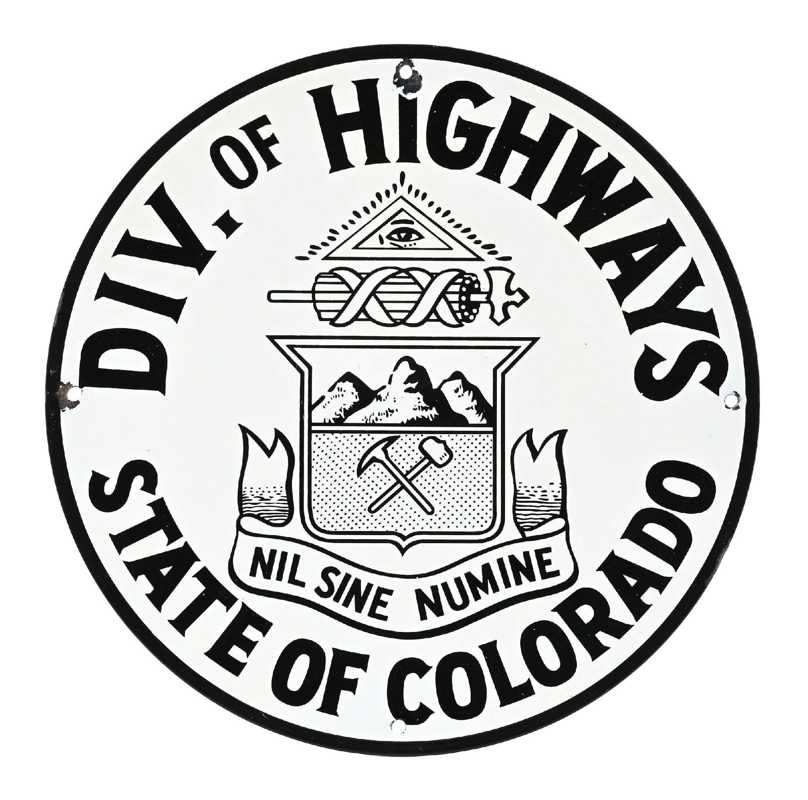 COLORADO STATE HIGHWAY DEPARTMENT PORCELAIN SIGN: SSP. C. 1950s. CONDITION: Excellent color and gloss throughout, showing no notable surface wear in the fields. Minor chipping at the mounted holes with minimal wear along the outer edges. Overall exce