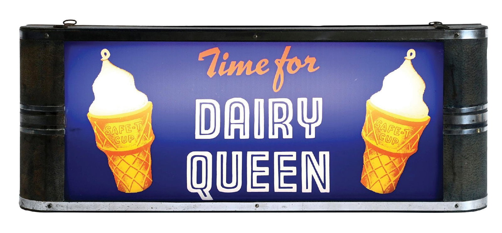 TIME FOR DAIRY QUEEN NEON PRODUCTS LIGHT UP SIGN: Single-Sided Glass Face. Body is maker marked Neon Products. CONDITION: Glass panel in excellent condition throughout, showing bright colors and only the faintest of wear. Metal body showing moderate