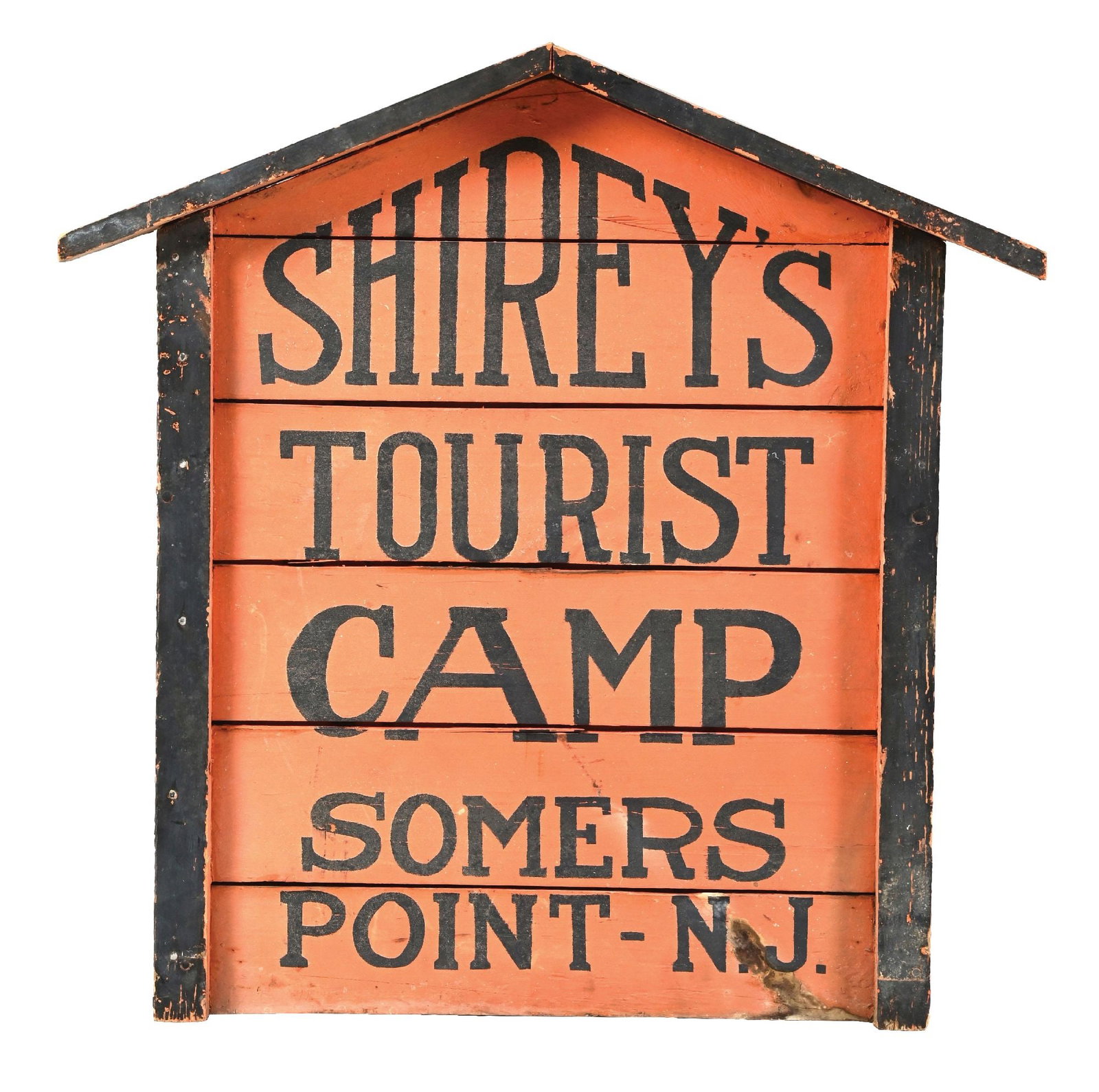 SHIREYS TOURIST CAMP PAINTED WOOD SIGN: Single-Sided Figural Painted Wood. CONDITION: Excellent original surface, showing light areas of general age wear with some staining at the lower right. In excellent structural condition, showing mino
