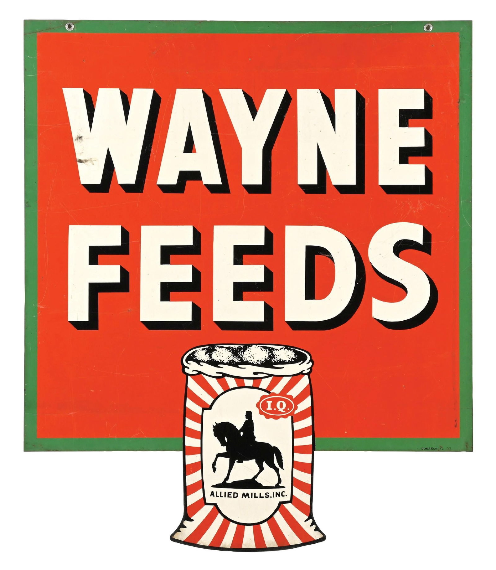WAYNE FEEDS TIN SIGN: DST. Marked Donasco. CONDITION: Overall good color throughout, with areas of general wear and surface scratching to the gloss. Light areas of discoloration with general use wear at the mounting holes 