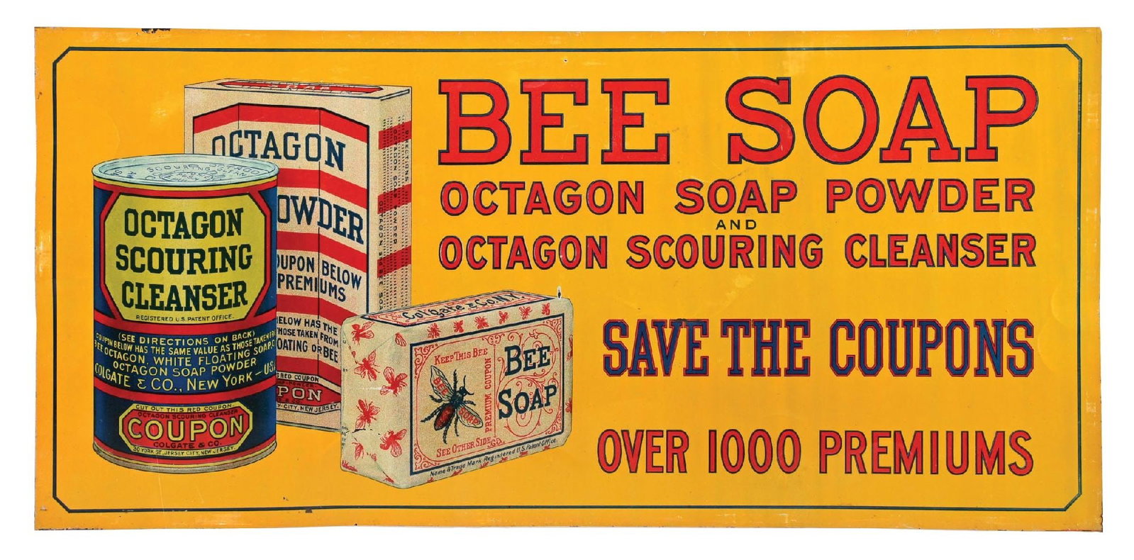 BEE SOAP OCTAGON CLEANSER TIN LITHO ADVERTISING SIGN: SST. C. 1920s. CONDITION: Showing outstanding color and gloss, found new old stock. Minimal areas of shallow crests and light surface scratch, showing an outstanding condition graphic and script. Oute