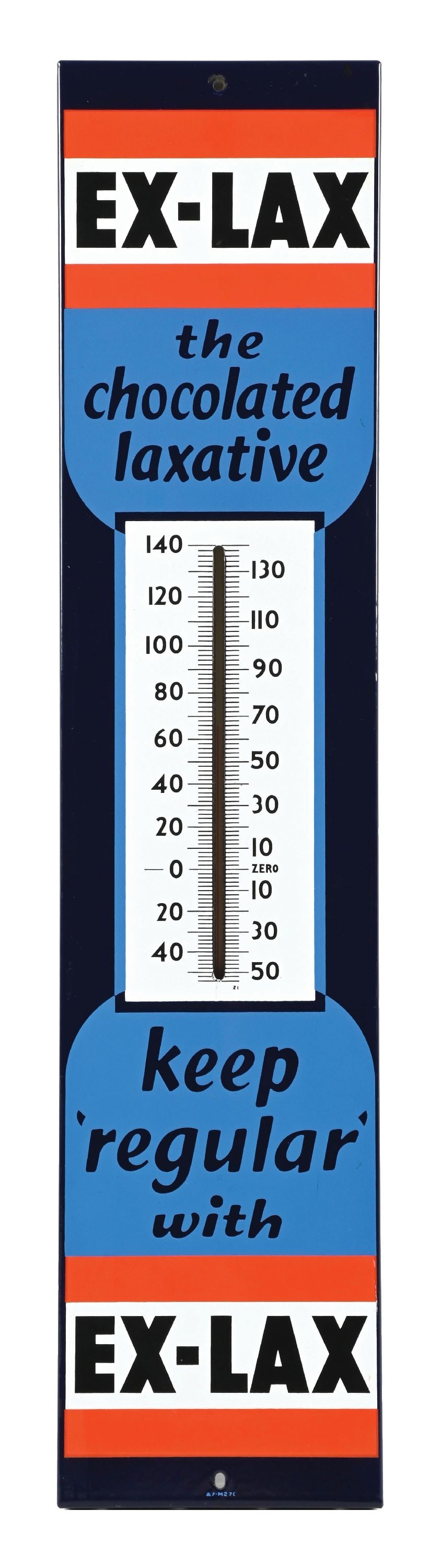 EX-LAX "THE CHOCOLATED LAXATIVE" PORCELAIN THERMOMETER: SSP. C. 1940s. CONDITION: Excellent color and gloss throughout, showing minimal areas of light surface wear in the field most likely from storage. Tube is intact and in working condition. Minor nick a