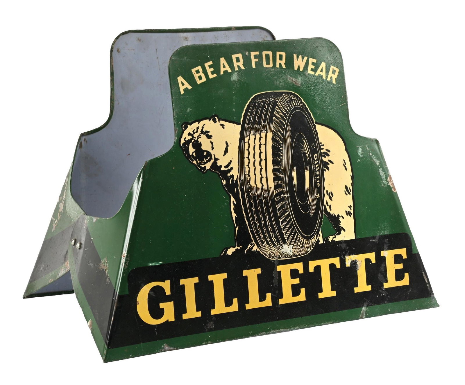 GILLETTE "A BEAR FOR WEAR" TIN TIRE HOLDER SERVICE STATION DISPLAY (1 of 4)