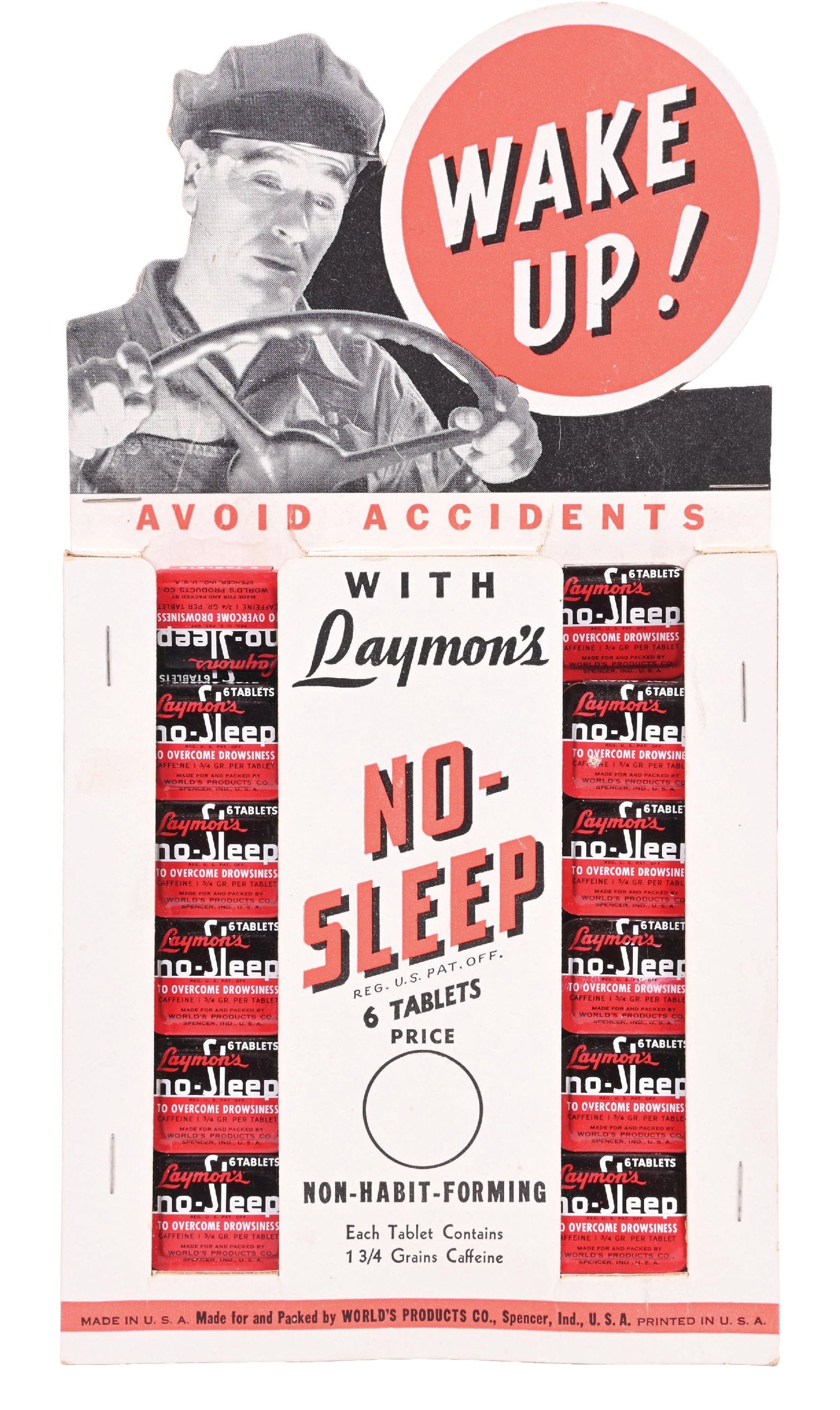 WAKE UP! WITH LAYMON'S NO-SLEEP TABLETS STORE DISPLAY WITH PRODUCT TINS: Single-Sided Card Stock Store Display showing figural Driver graphic at the topside. CONDITION: Overall excellent, most likely new old stock showing only minimal age and storage wear. Edges are in exc