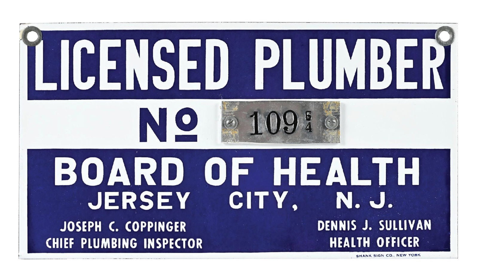 LICENSED PLUMBER BOARD OF HEALTH JERSEY CITY, N.J. PORCELAIN SIGN (1 of 3)