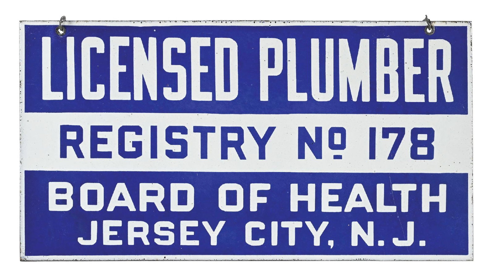 LICENSED PLUMBER BOARD OF HEALTH JERSEY CITY, N.J. PORCELAIN SIGN (1 of 2)