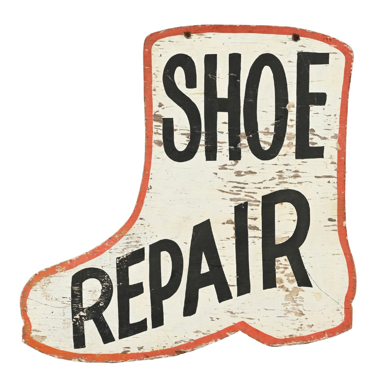 SHOE REPAIR PAINTED WOOD SHOP SIGN: Double-sided hand-painted wood sign showing "Shoe Repair" throughout each side. CONDITION: Moderate areas of wear throughout showing surface scratching and paint loss but no areas of heavy damage. Cra