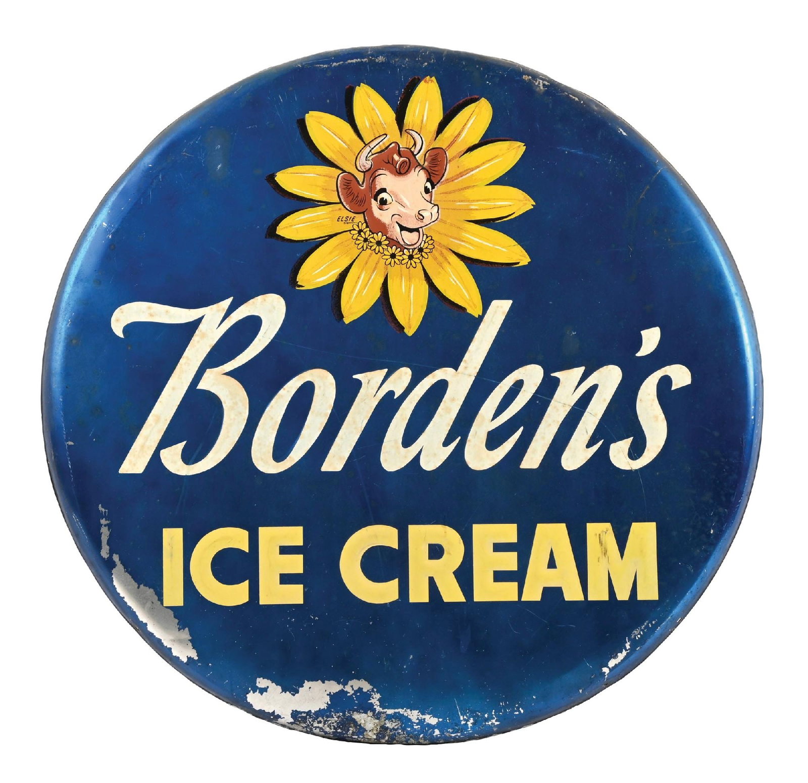 BORDEN'S ICE CREAM EMBOSSED ALUMINUM BUTTON SIGN: SST. C. 1960s. CONDITION: Fair color and gloss throughout, with moderate areas of field wear as well as some paint loss along the lower edge. Excellent condition graphic. Condition: (7.0).