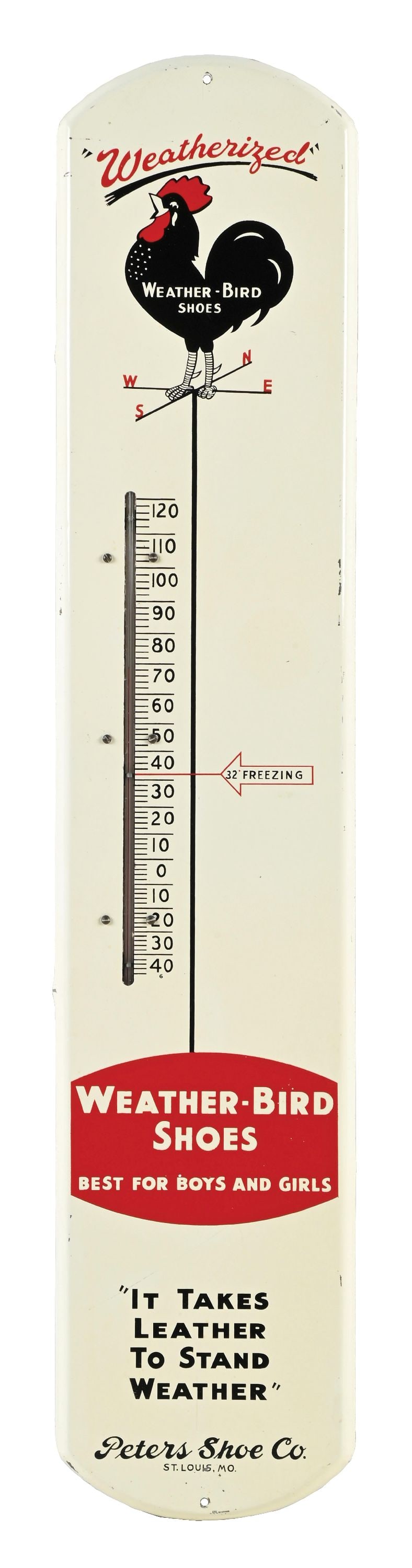 PETER'S SHOE CO. WEATHER-BIRD SHOES PAINTED TIN THERMOMETER (1 of 2)