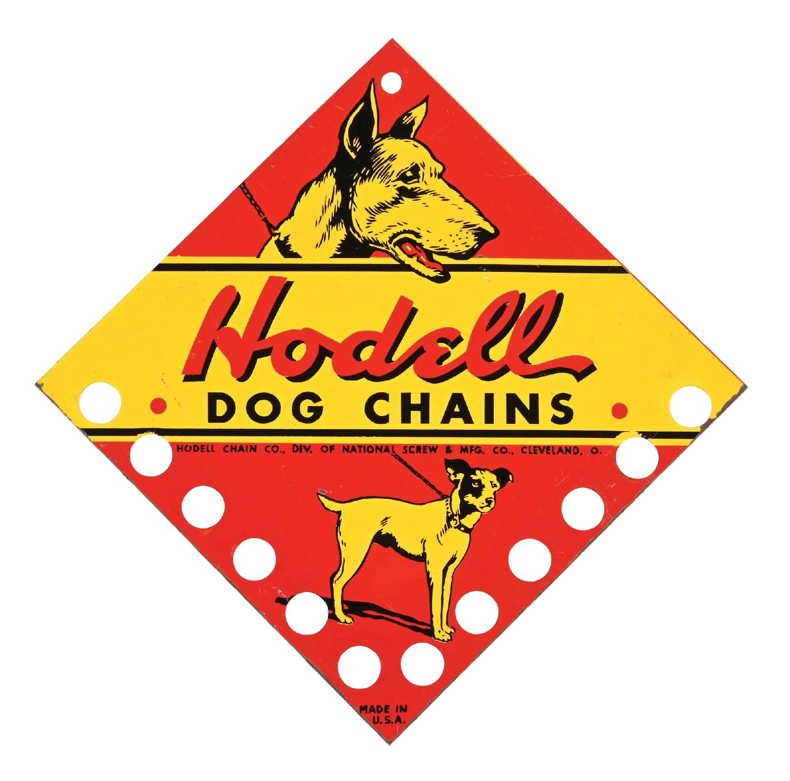 HODELL DOG CHAINS ADVERTISING TIN STORE DISPLAY SIGN: SST. CONDITION: Outstanding color and gloss throughout, showing minor areas of light surface wear with clean K-9 graphics. Leed holes in excellent condition with minor areas of light paint wear along 
