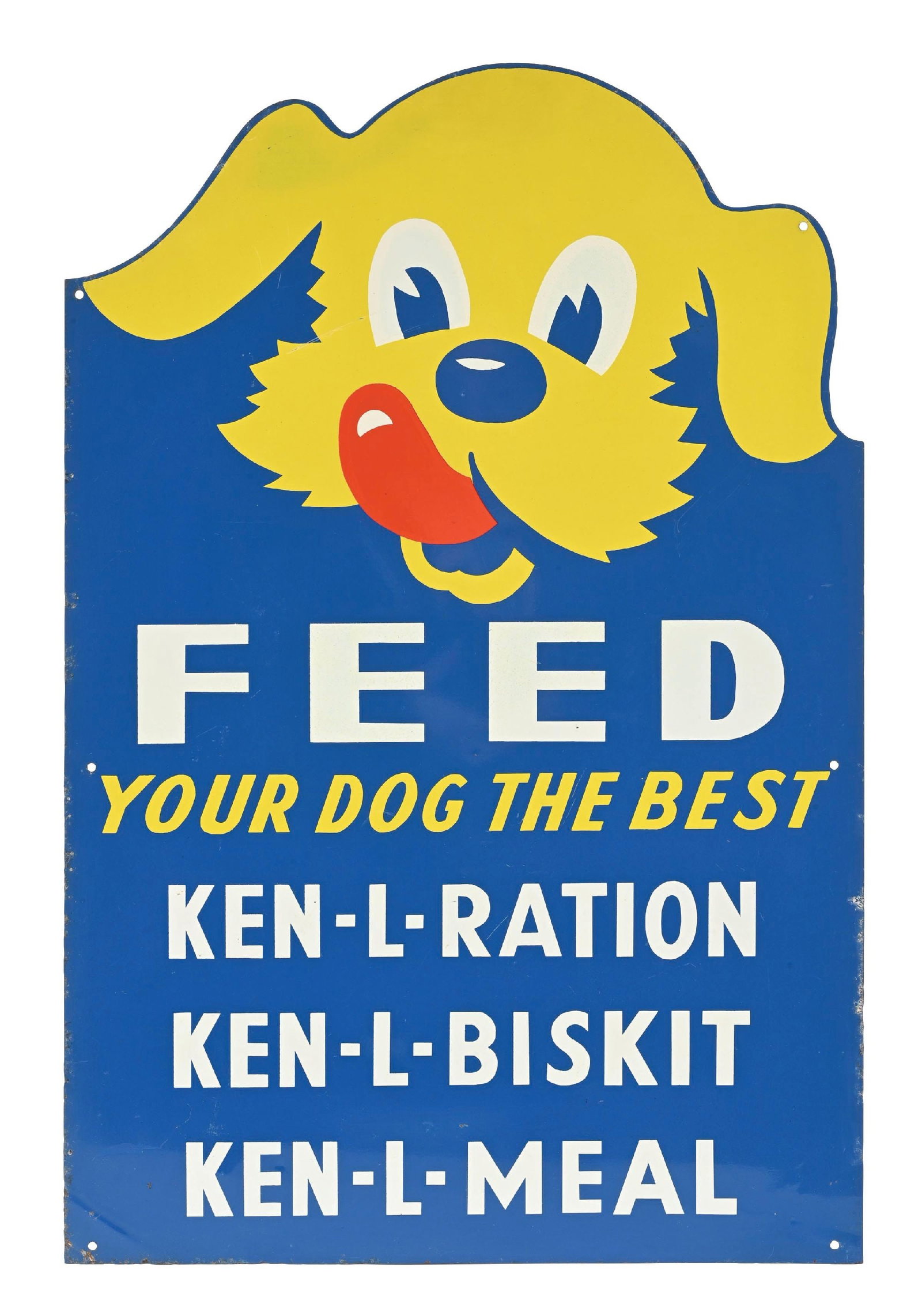 FEED YOUR DOG THE BEST KEN-L-MEAL DOG FOOD TIN SIGN: SST. CONDITION: Excellent color and gloss throughout the field, showing minor areas of surface scratching and minimal age wear. Outer edge showing light paint wear with light wear at the mounting hole
