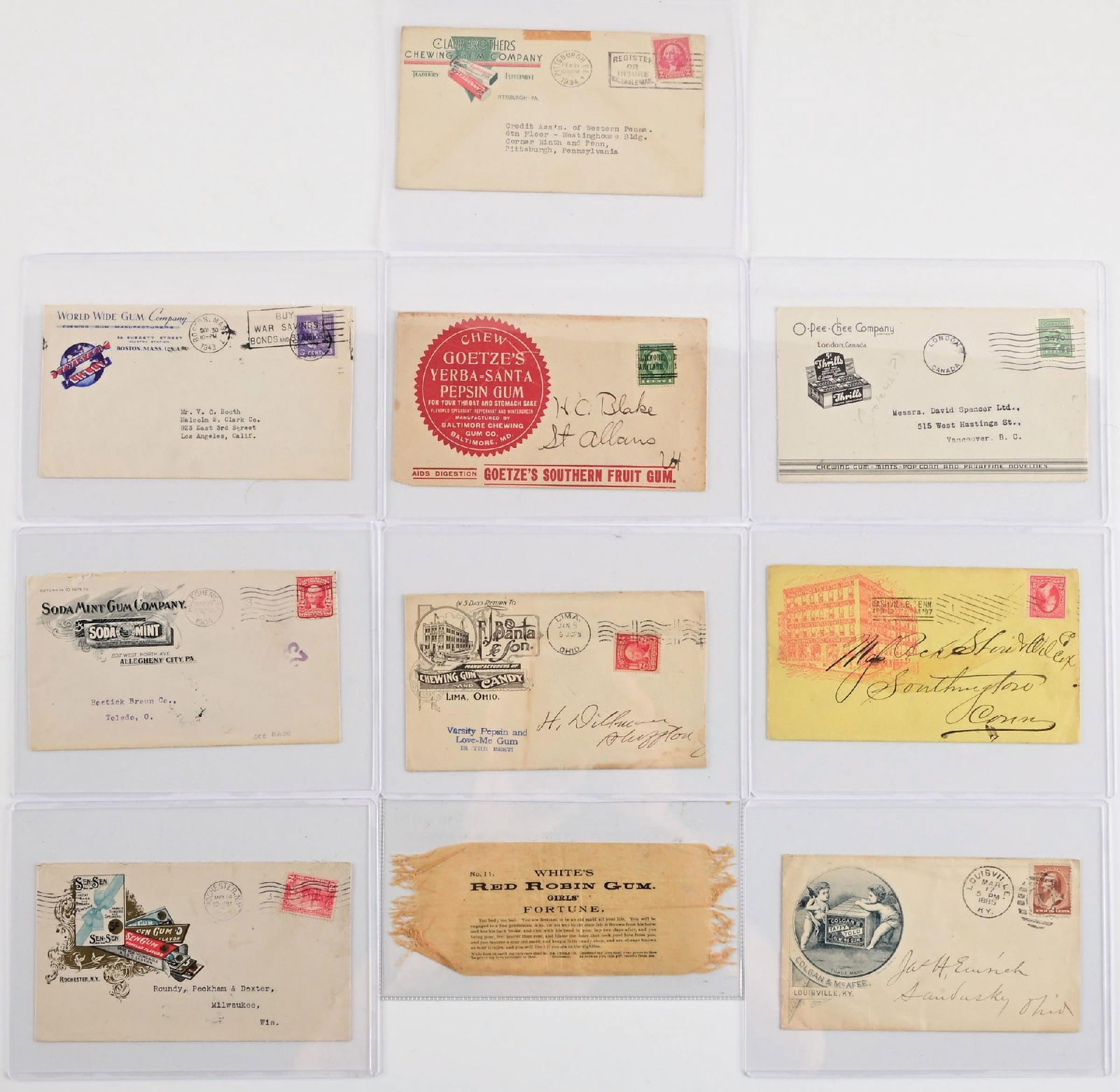 COLLECTION OF 10: CHEWING GUM COMPANY GRAPHIC ENVELOPES: Consisting of various chewing gum company envelopes with great graphics. CONDITION: Light wear overall, most with stamps. Condition: (8.0 - 9.0). Dimensions: Each: 6 - 1/2" x 3 - 1/2".