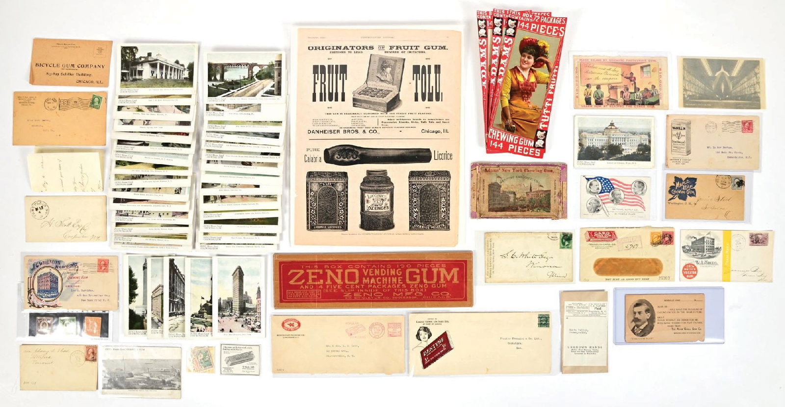 LARGE ASSORTMENT OF CHEWING GUM EPHEMERA: Consisting of letterhead, trade cards, and assorted chewing gum advertising and ephemera. Condition: (7.5 - 9.0). Dimensions: Largest: 14-1/2" x 11"
