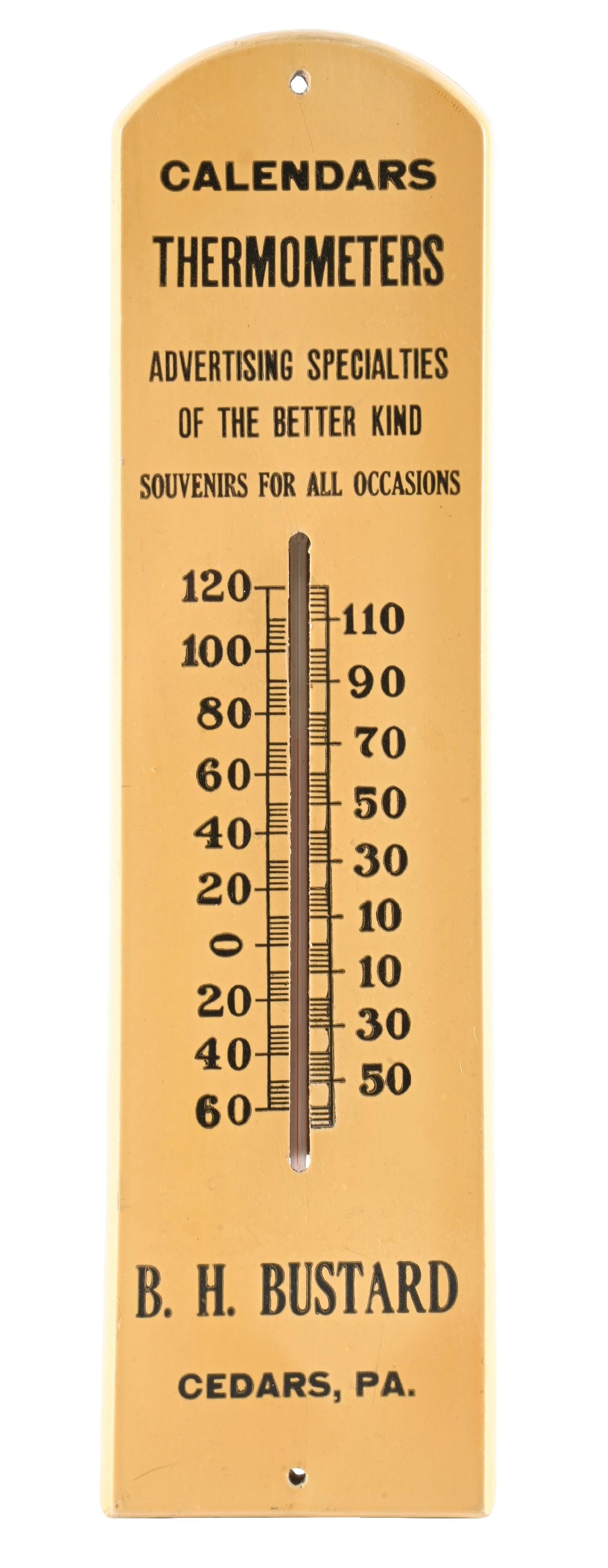 BUSTARD ADVERTISING CO. SAMPLE WOODEN ADVERTISING THERMOMETER: Single-Sided Wooden Sample Thermometer for Bustard Advertising Co., Cedars, PA. C. 1930s. CONDITION: Excellent color and gloss throughout, appearing possibly NOS Light age wear to the surface, origina